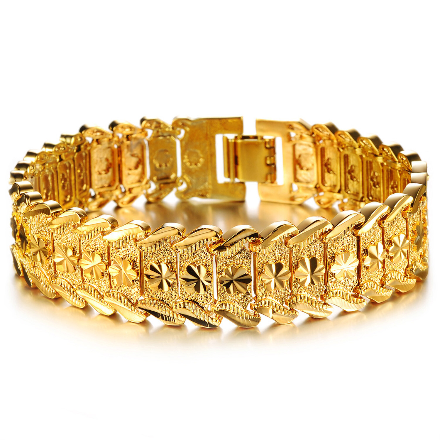 Men’s Fashion Heavy Bracelet Chain 18K Gold Plated Bracelet Carved Bangle Gift