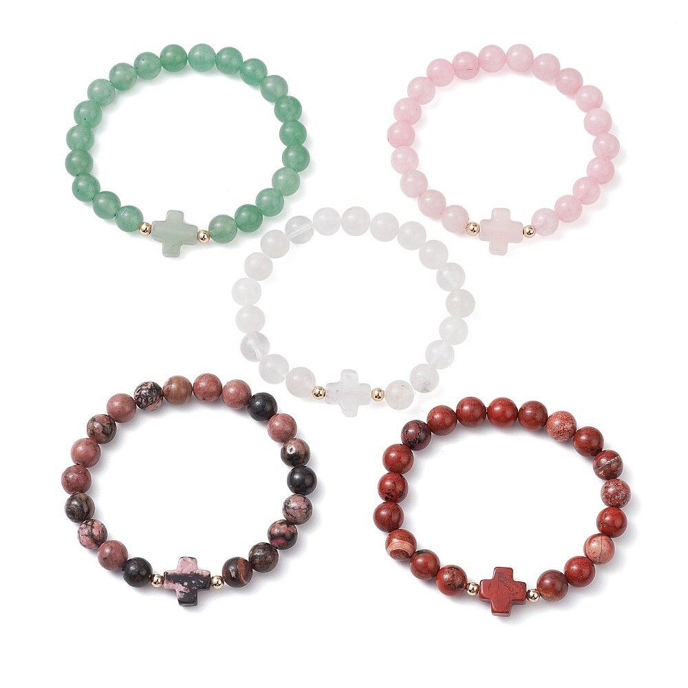 8mm Stretchy Stone Bracelets Assorted Cross Gemstone Beads Healing Reiki T61