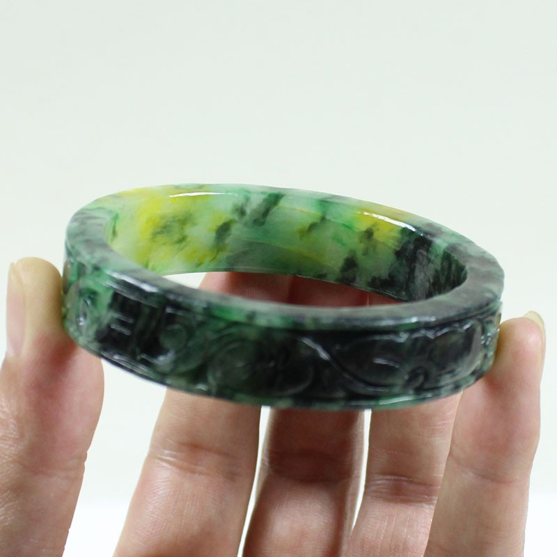 61mm Real Natural Ice Multicolor Burmese Jade jadeite Carving Bracelet Bangle