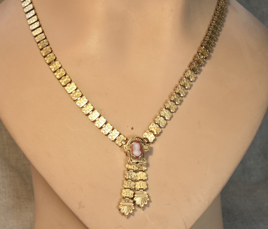 Antique Victorian Coral Cameo Book Chain Gold Filled Lariat Tassel Necklace