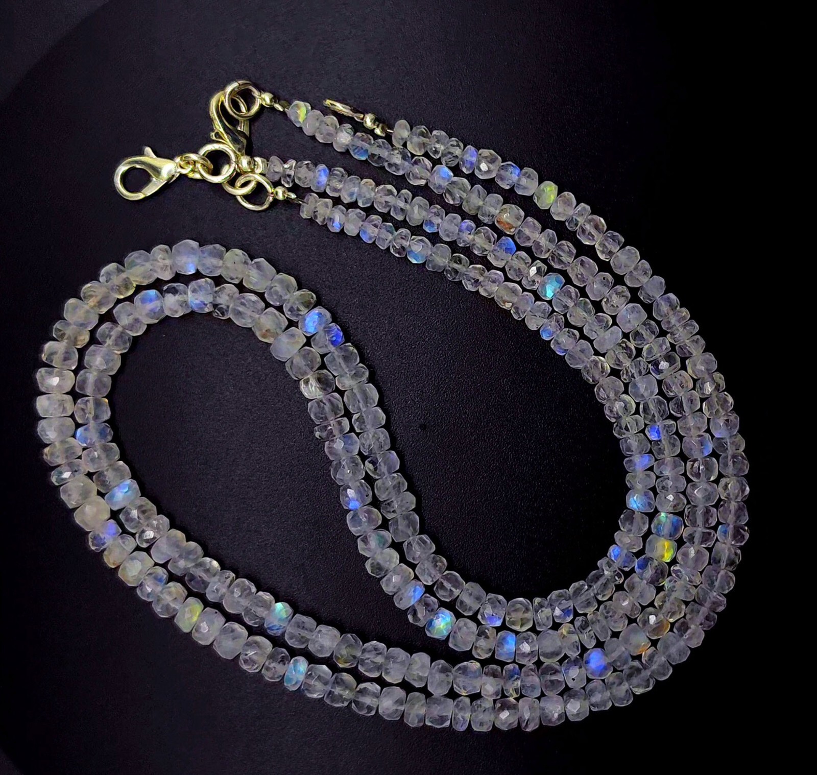 Natural Gem Blue Fire Rainbow Moonstone 4-5mm Faceted Rondelle Bead Necklace 16″