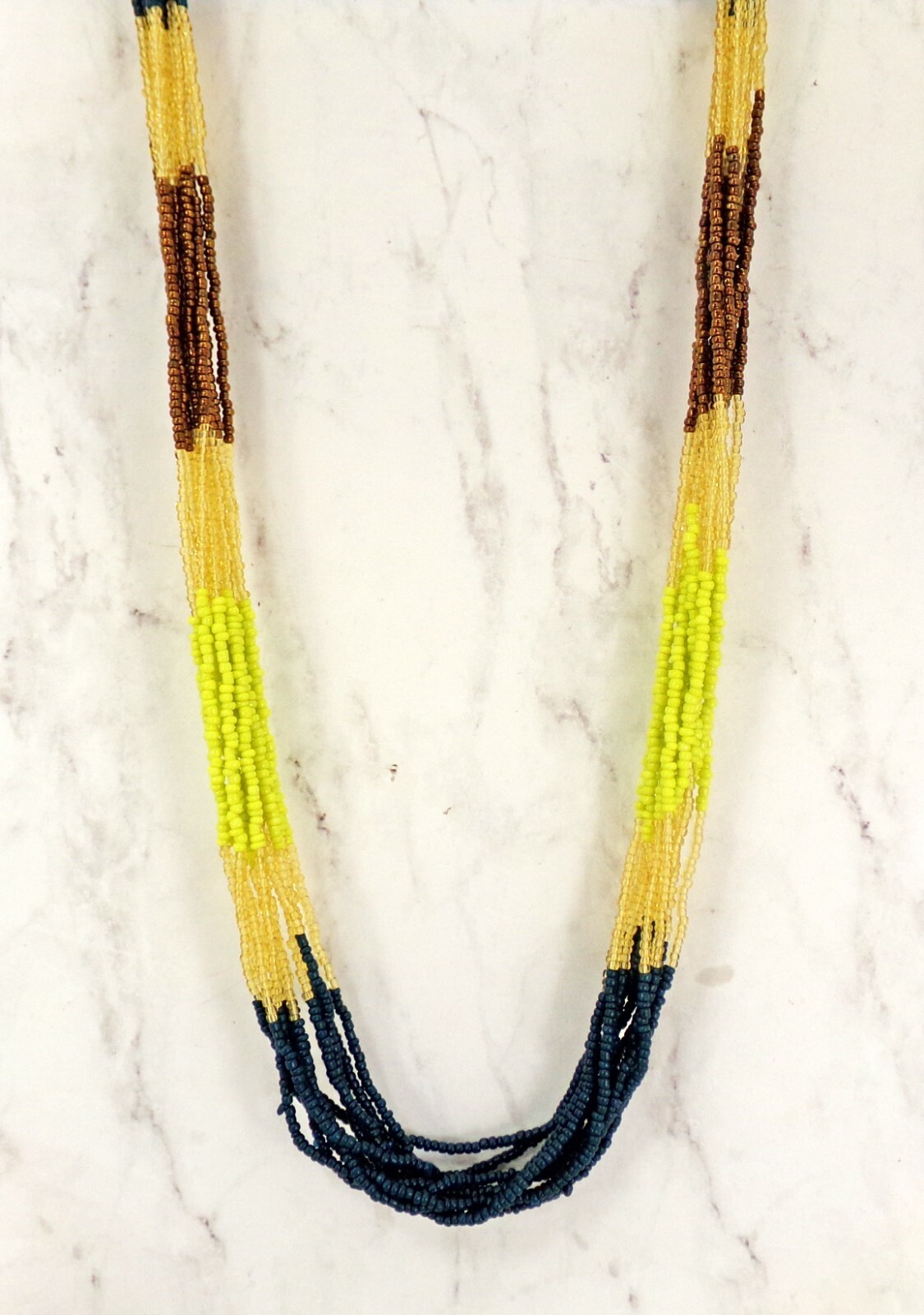 Multi color seed bead necklace and earring set in brown, yellow, blue, beige NEW