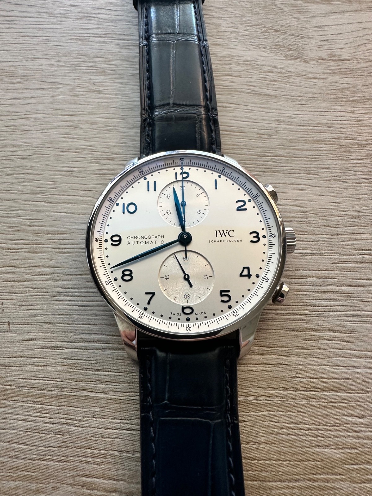 IWC Portugieser 41mm Silver Men’s Blue Leather Strap Watch – IW371446