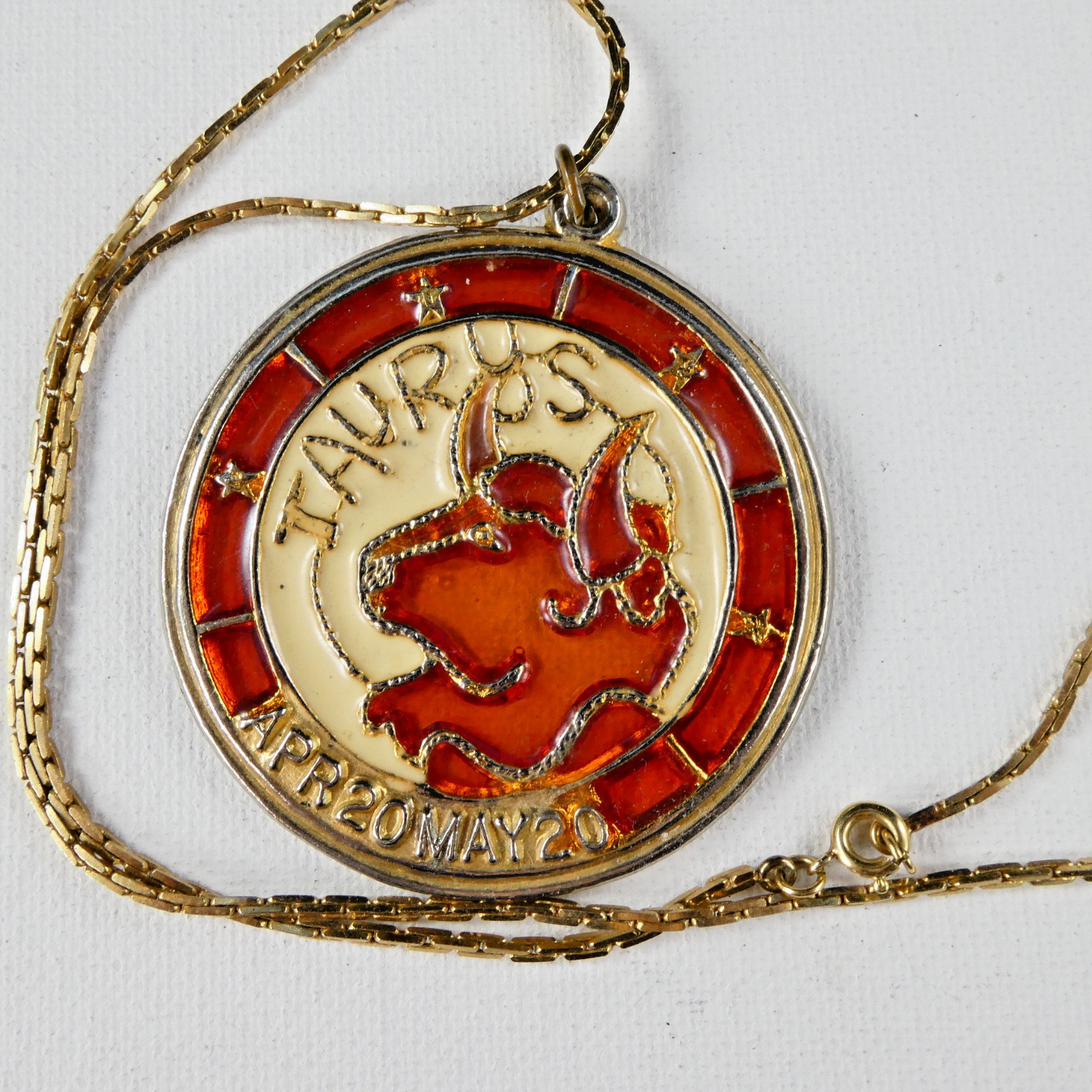 Vintage Zodiac Pendant TAURUS The Bull Stained Glass Look Astrology Necklace 18″