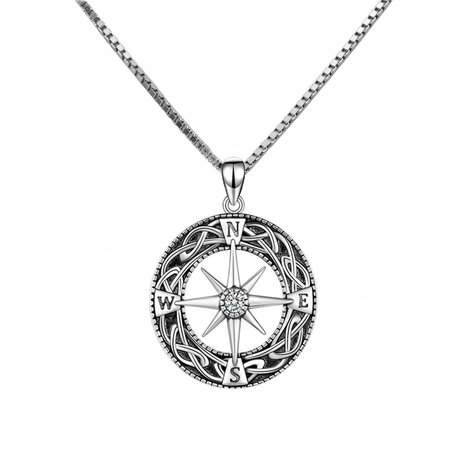 Venetian Chain Necklace Pendant Compass Zircon 925 Sterling Silver Ladies/Mr