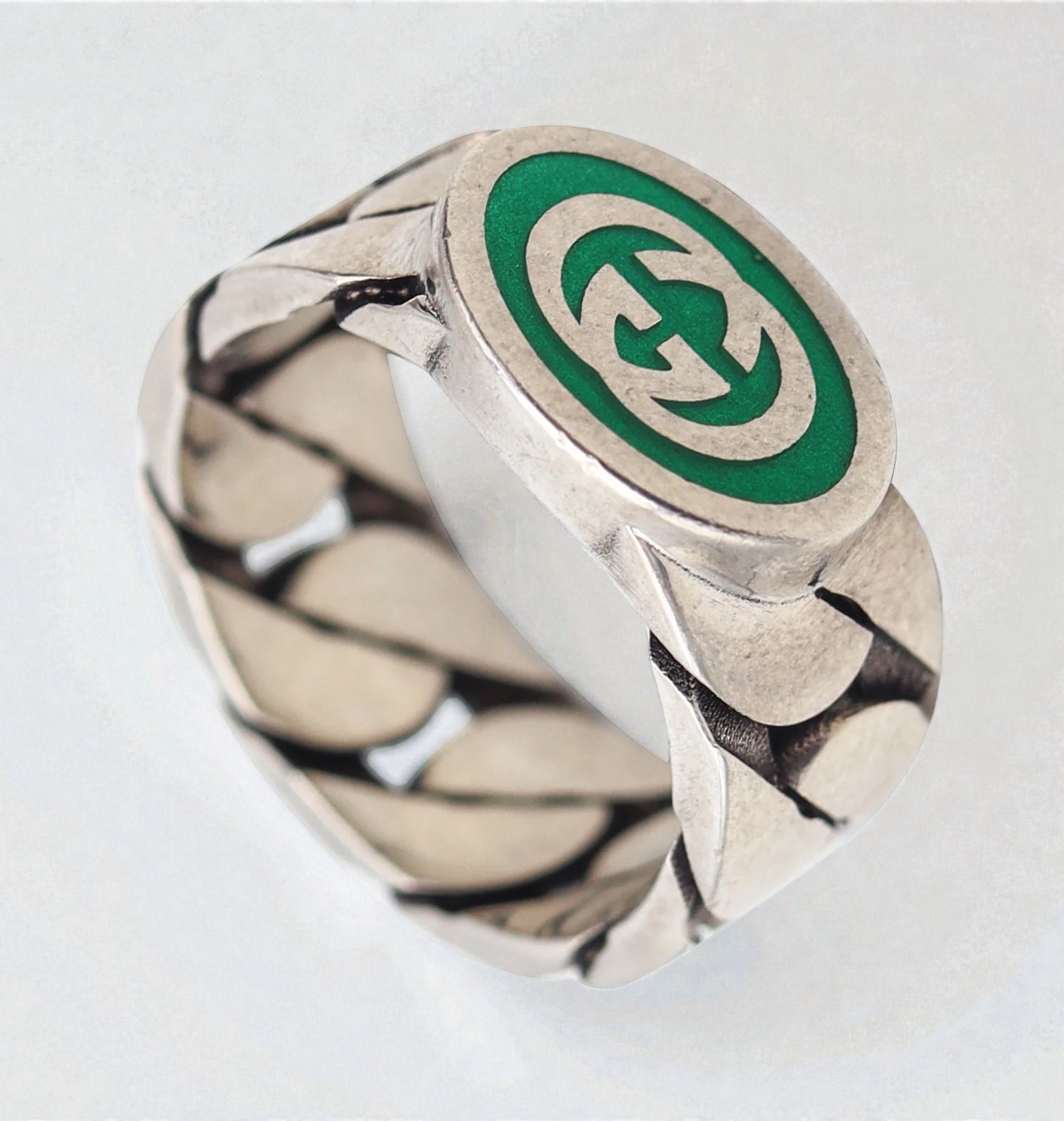 New Gucci Interlocking G Green Enamel Sterling Silver Ring Size IT14 US6.75