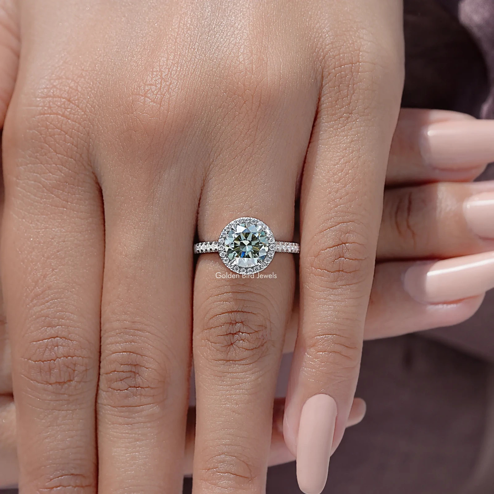Blue Green Round Cut Moissanite Halo Ring