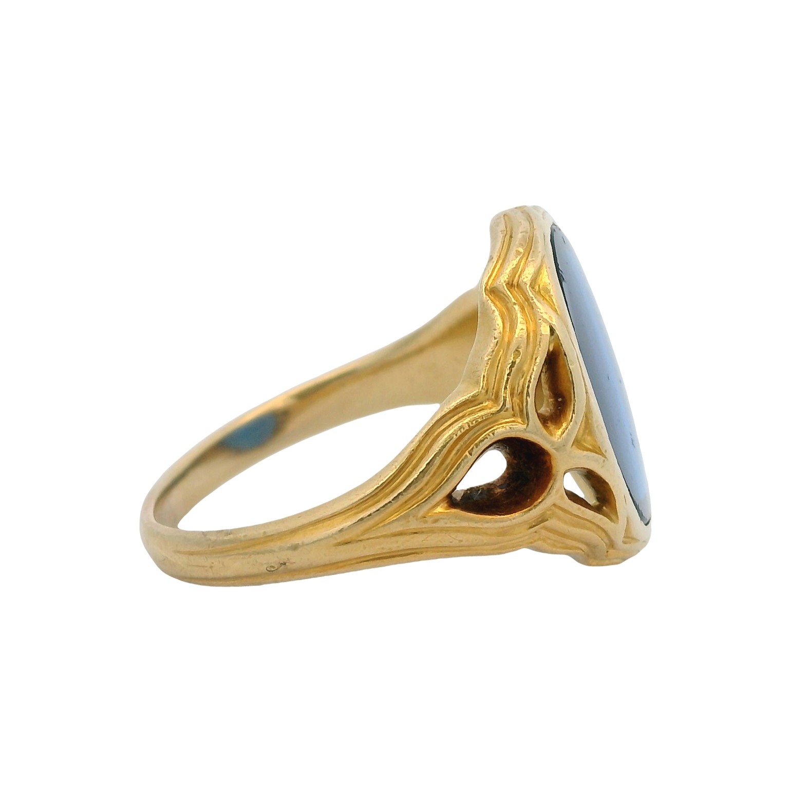 Vintage 1980s 14kt Yellow Gold Etruscan Style Ring with Blue Lab Spinel Size 10