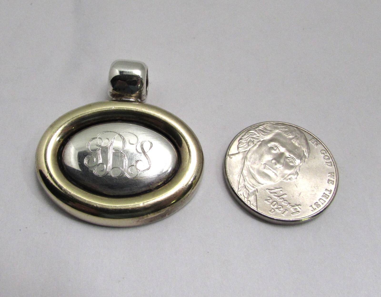 VTG 2-Tone 925 Solid Engraved Tapered Oval Slider Monogrammed- GSB/GBS 10g
