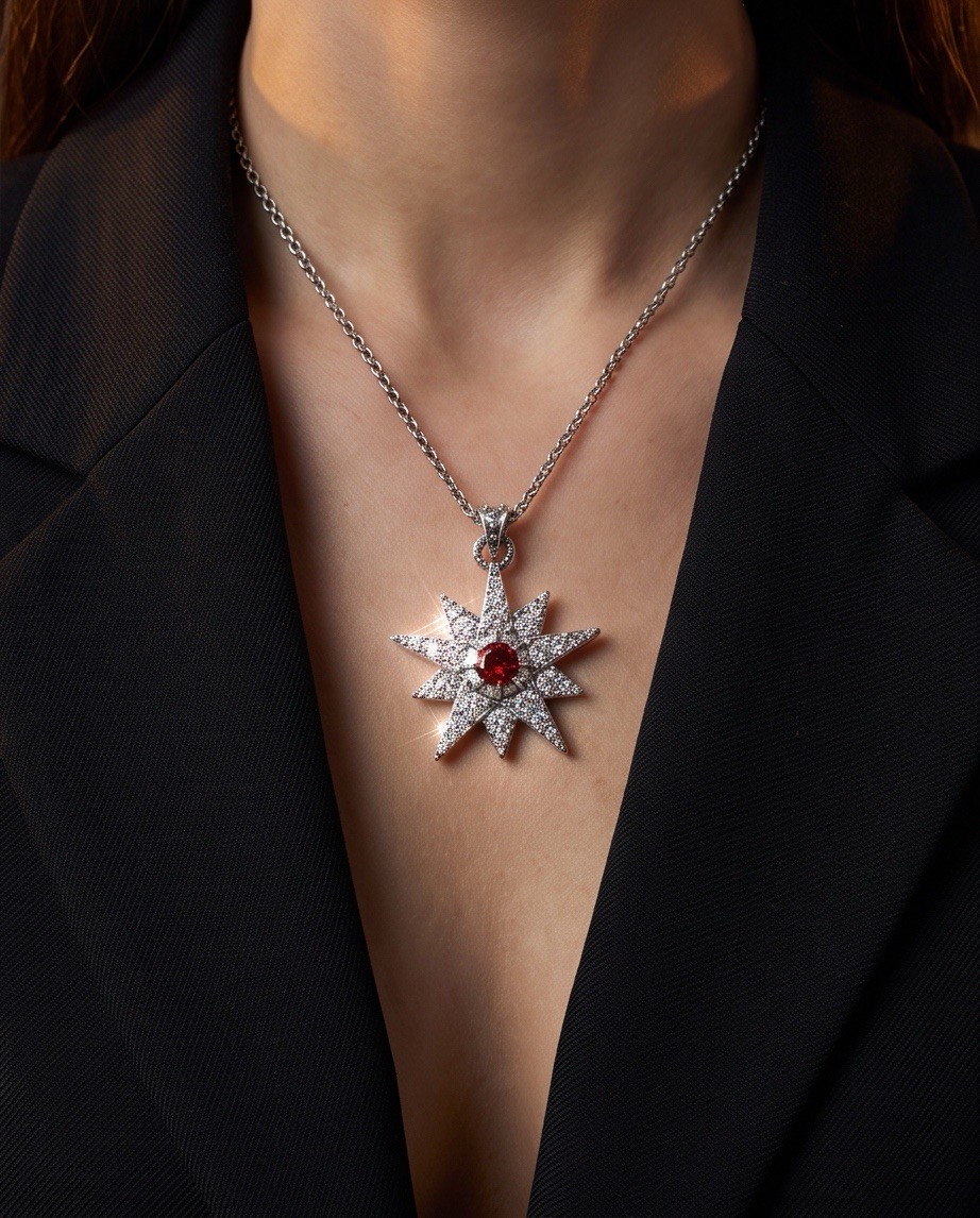 18K White Gold Plated Starburst Necklace w/ Red Crystal