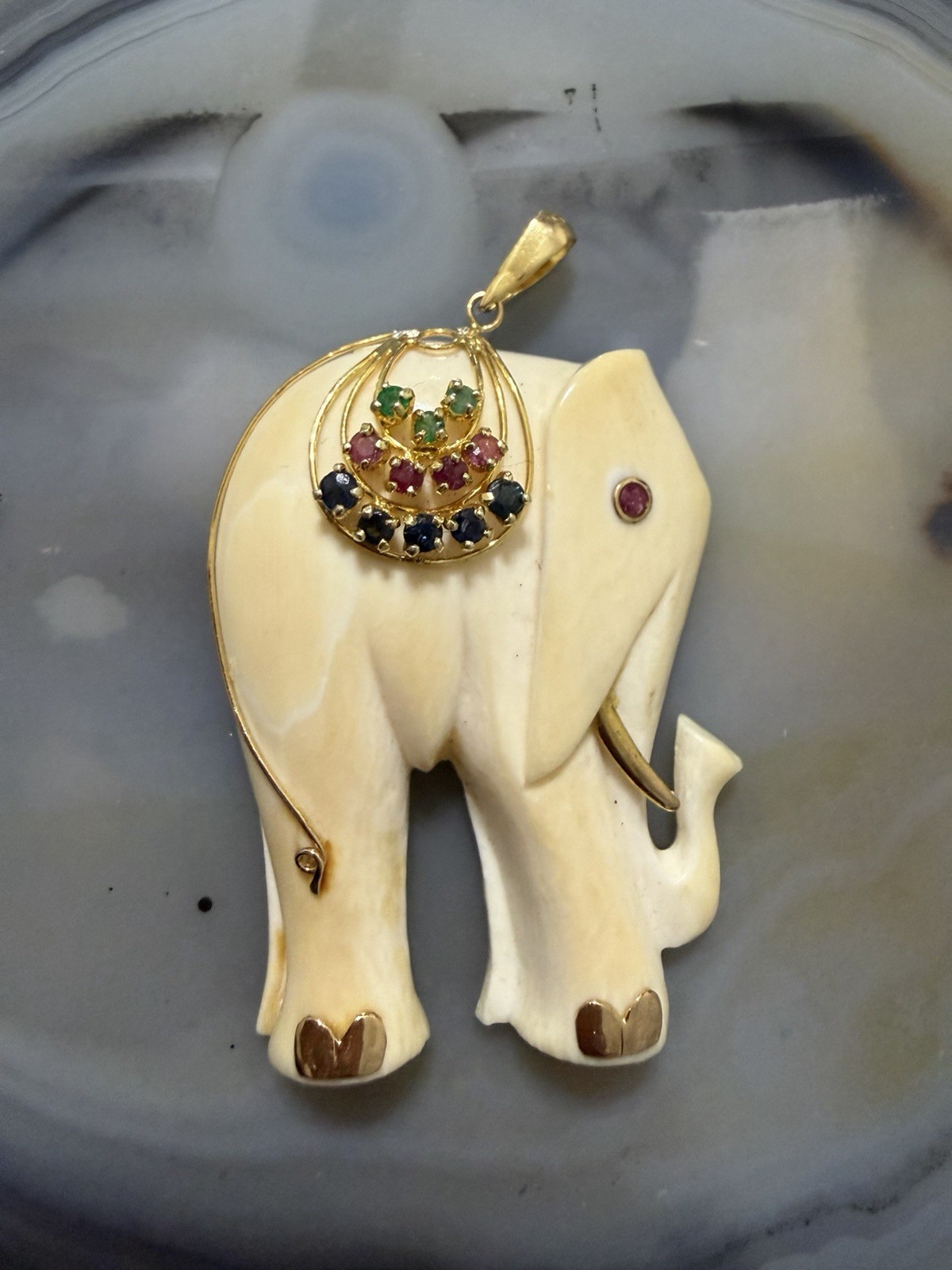 Vintage Carved Elephant 14k Gold Blue, Red & Green Stones Pendant
