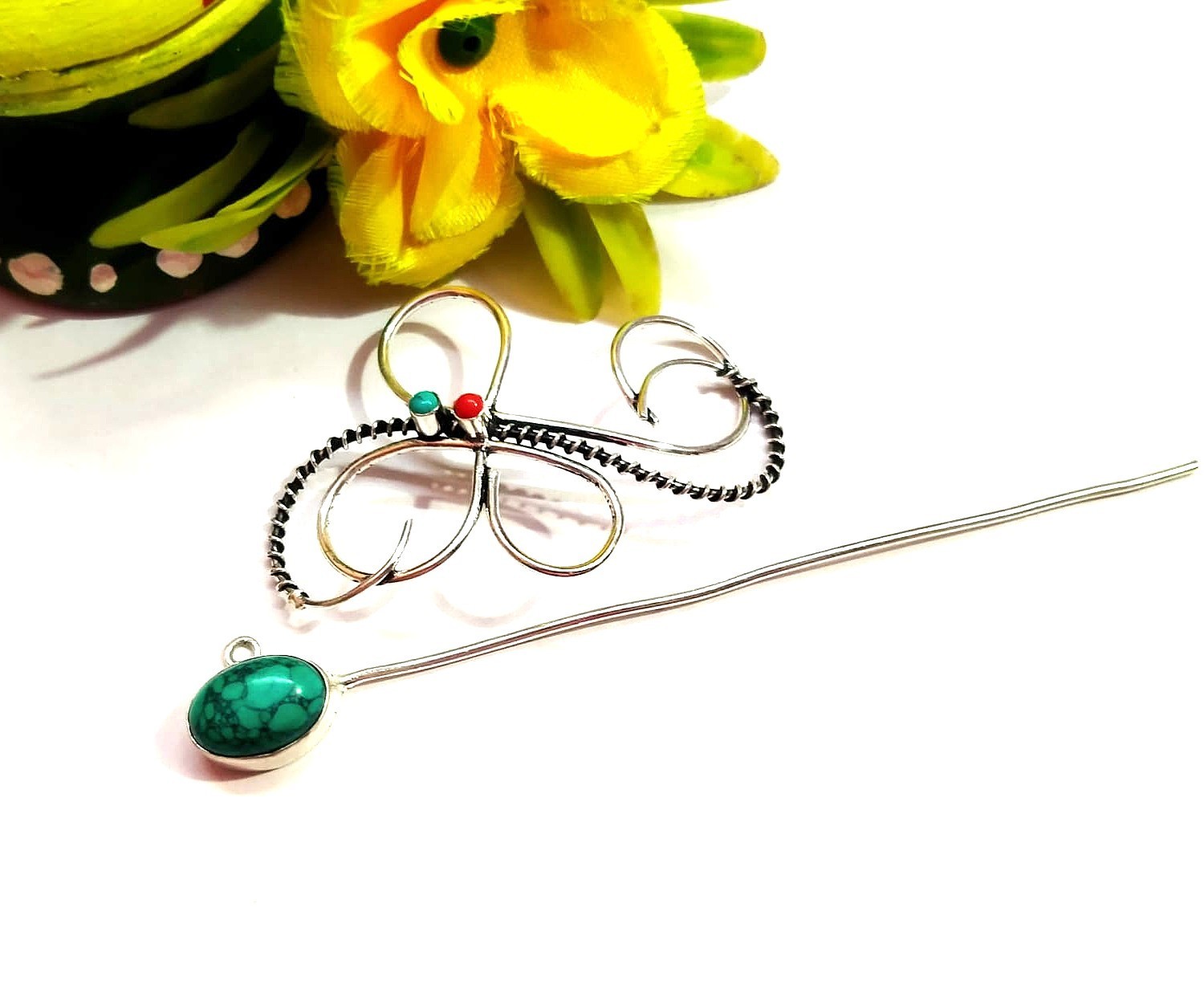 Blue Turquoise Red Coral Handmade Gemstone Hair Pin 925 Sterling Silver Jewelry