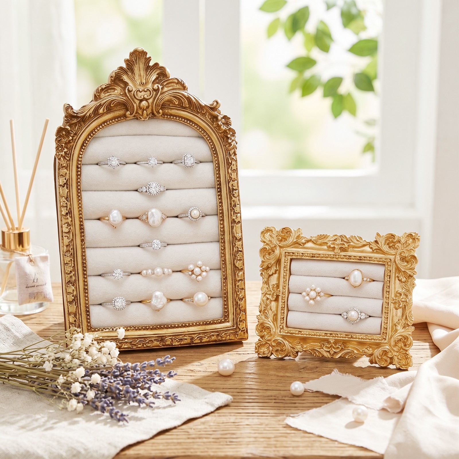Vintage Ring Holder Arch Gold Ring Wedding Display Suede Jewelry Box Stand Frame