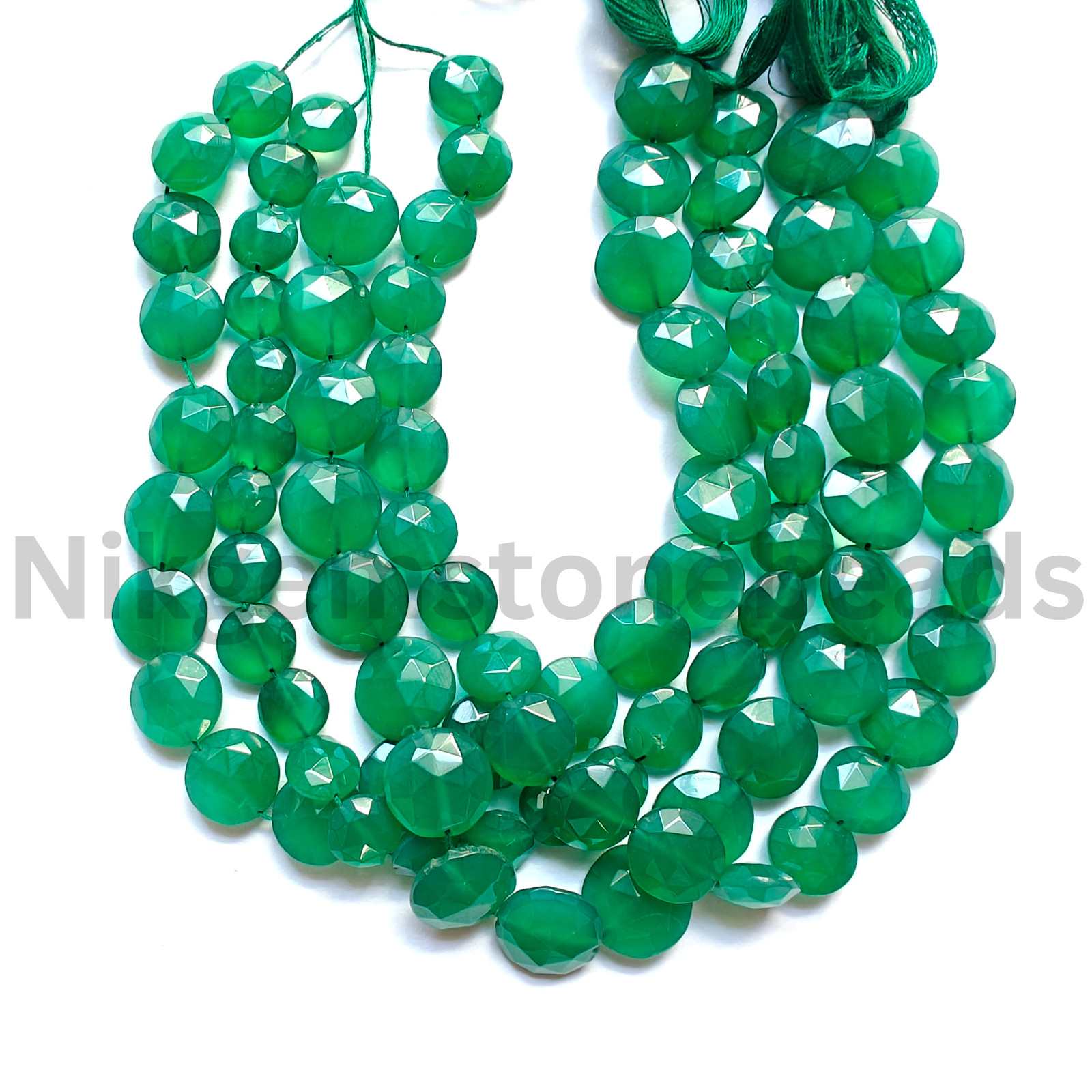 Natural Green Onyx Gemstone, Briolette Faceted Coin Cut Beads, 11.00-12.00 MM.