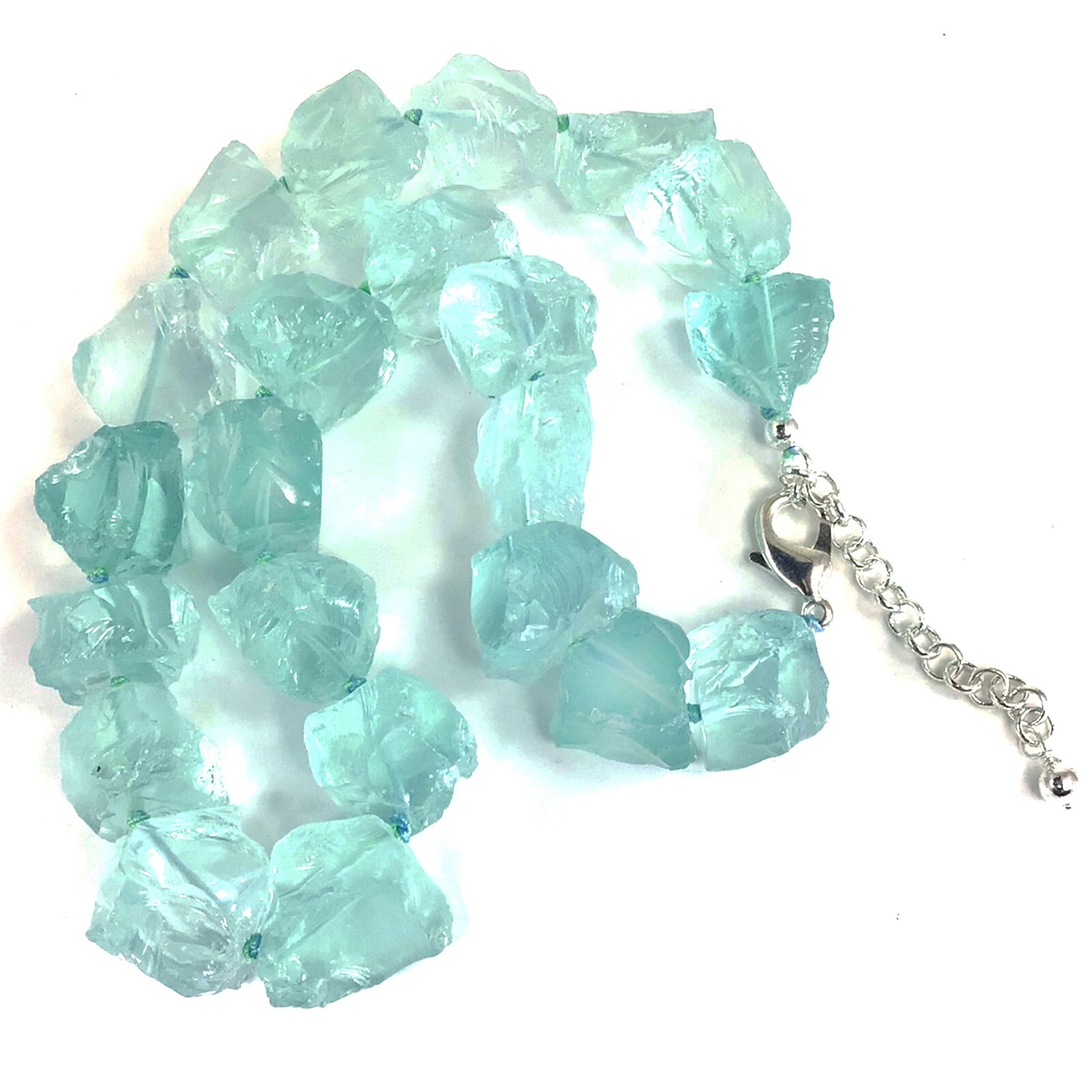 Blue Aqua Aquamarine Nugget Statement Necklace, March Birthstone, Silver 18″