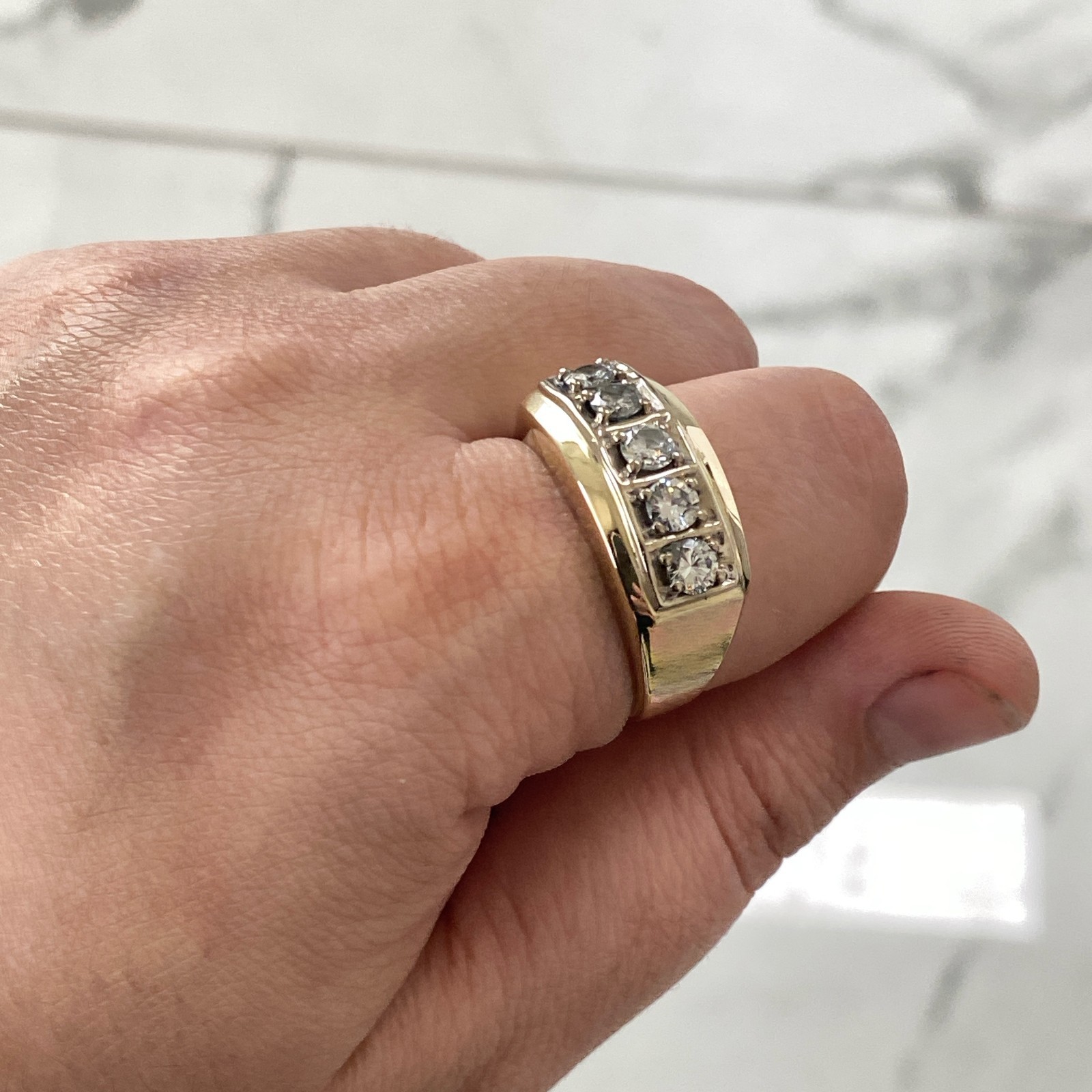 Mens 14K Two Tone Gold 0.50 CTW Natural Diamond 5 Stone Wedding Band Sz 11 12g