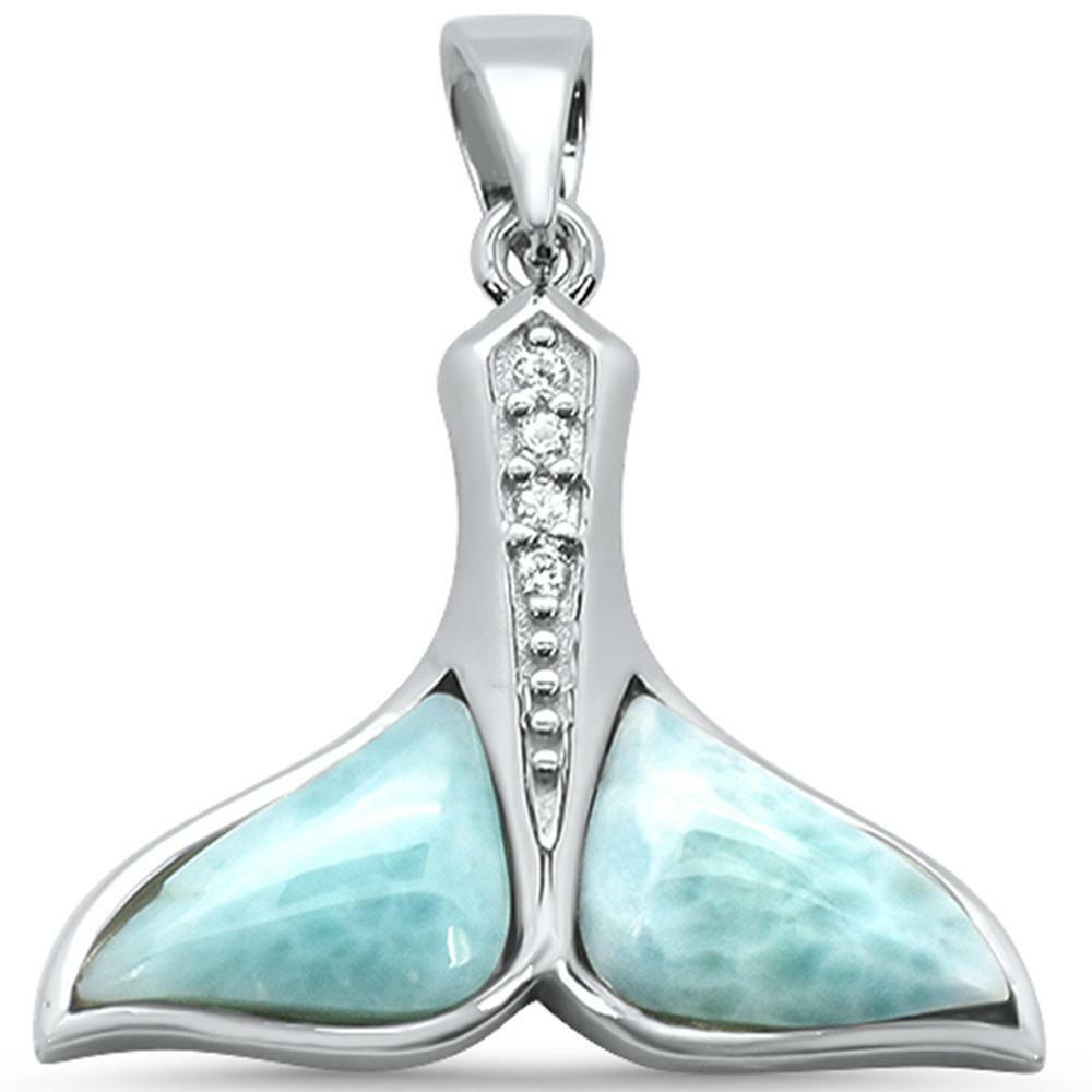Natural Larimar Whale Tail .925 Sterling Silver Charm Pendant