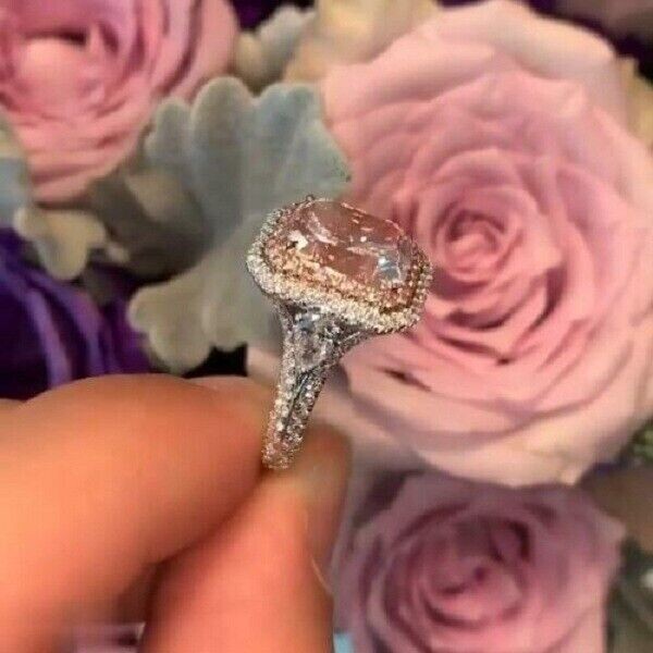 4Ct Lab-Created Pink Sapphire Attractive Halo Engagement Ring 14K White Gold Fn