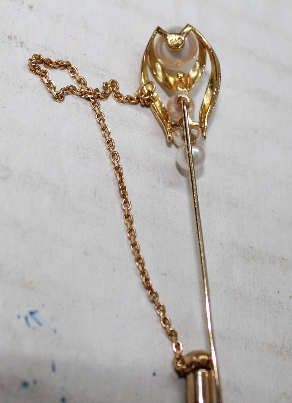18K Gold & 4 Pinkish Pearls Stick Pin / Brooch 3.3 Grams 3 1/2″ Long