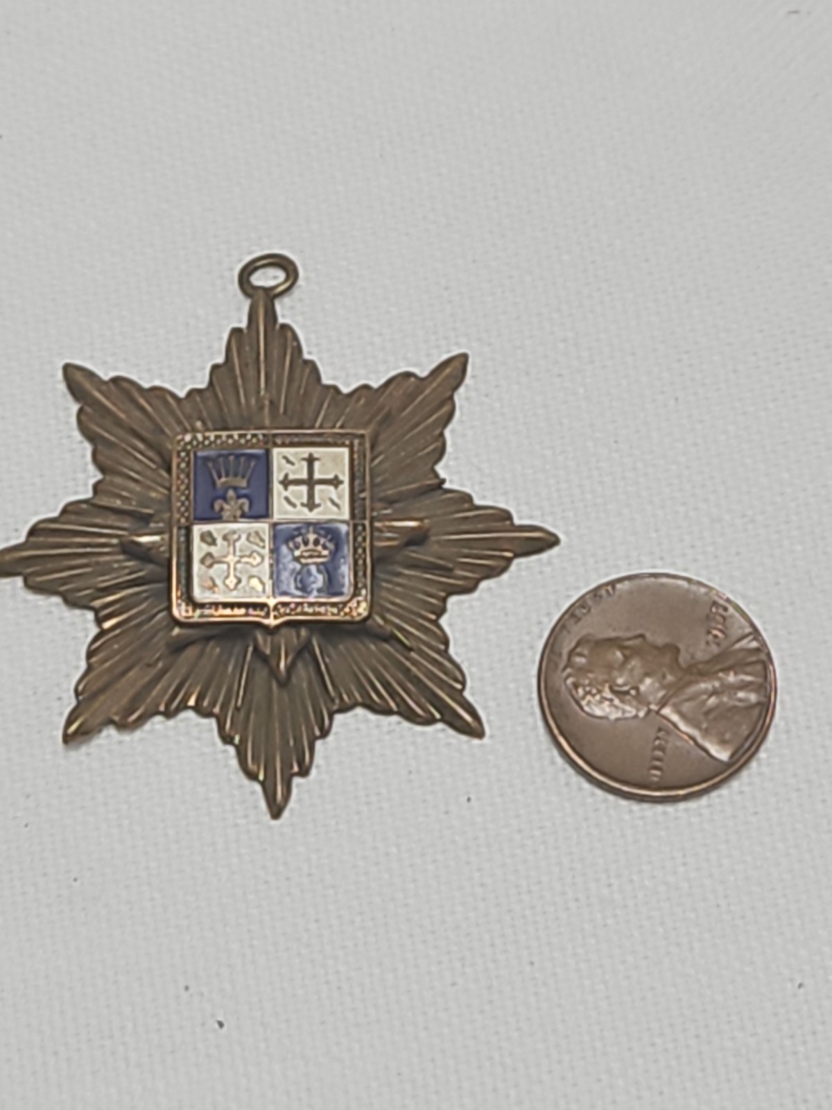 Coat of Arms France 8 Pointed Star Brass Blue and White Enamel Pendant