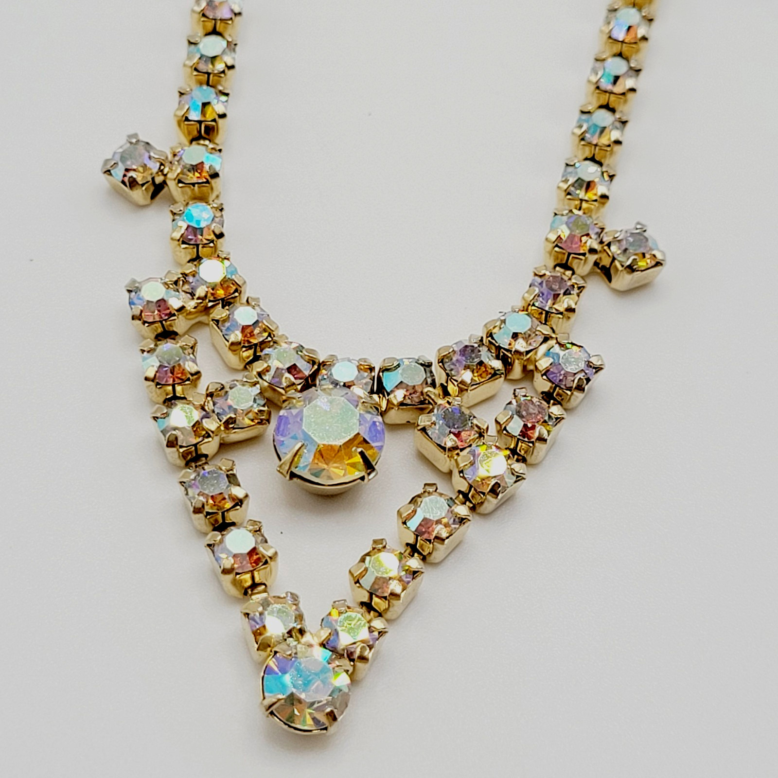 Swag or V Style Drop Choker AB Rhinestone Necklace Gold Tone Vintage 15 inch