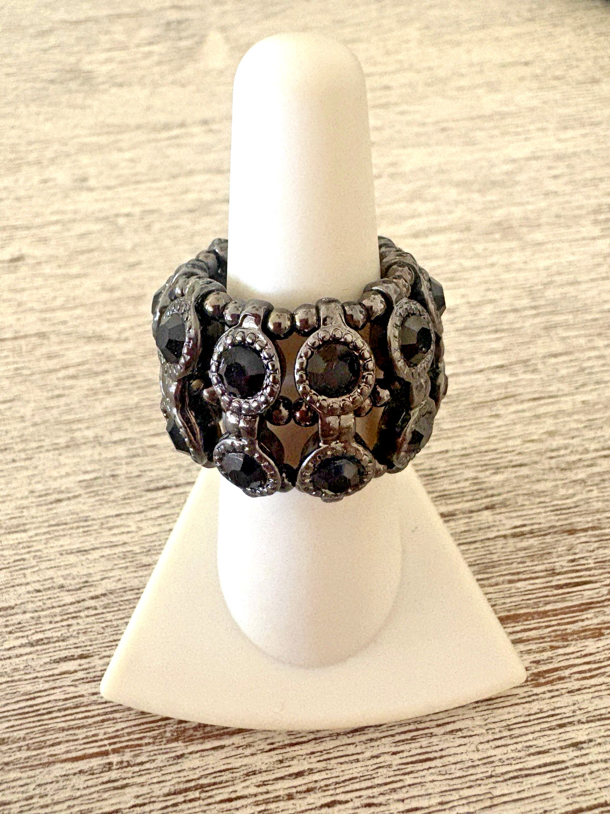 Black Sparkle Bead Wide Band Stretch Ring CZ Accent Statement