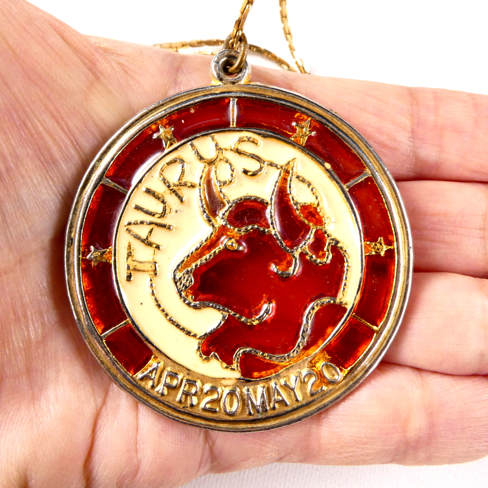 Vintage Zodiac Pendant TAURUS The Bull Stained Glass Look Astrology Necklace 18″
