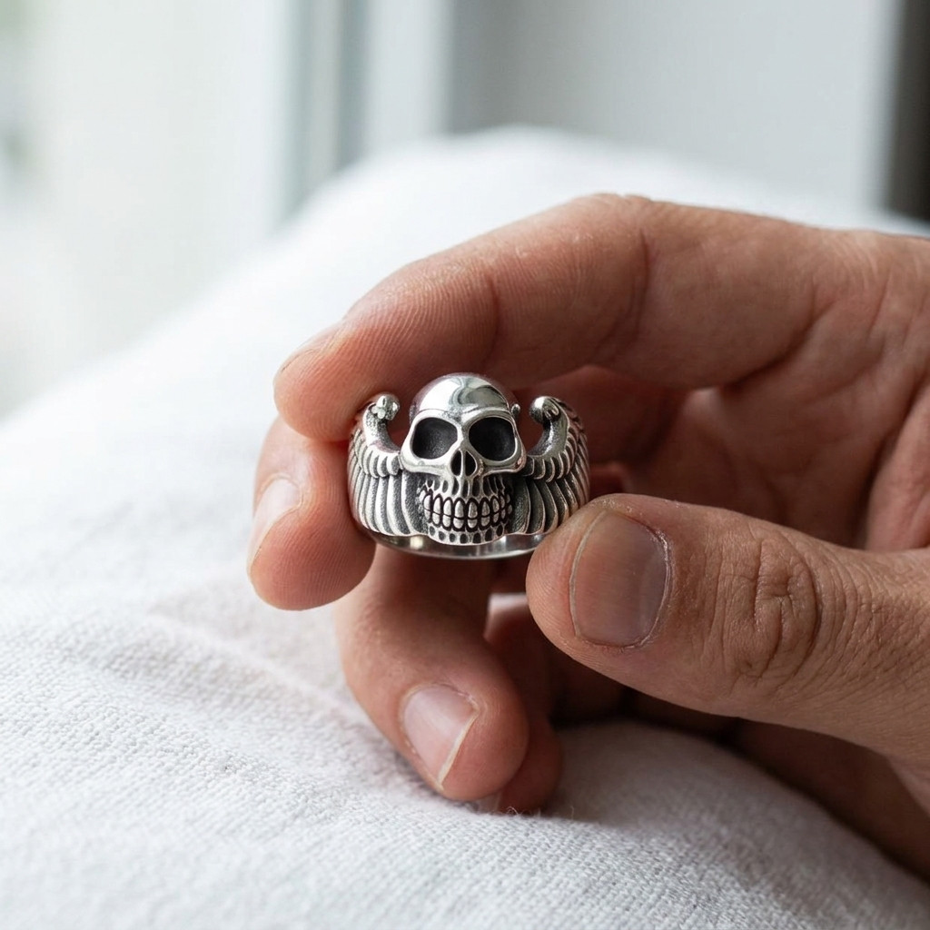 Gothic Wing Skull Men Biker Rocker Metal Vintage 925 Sterling Silver Ring