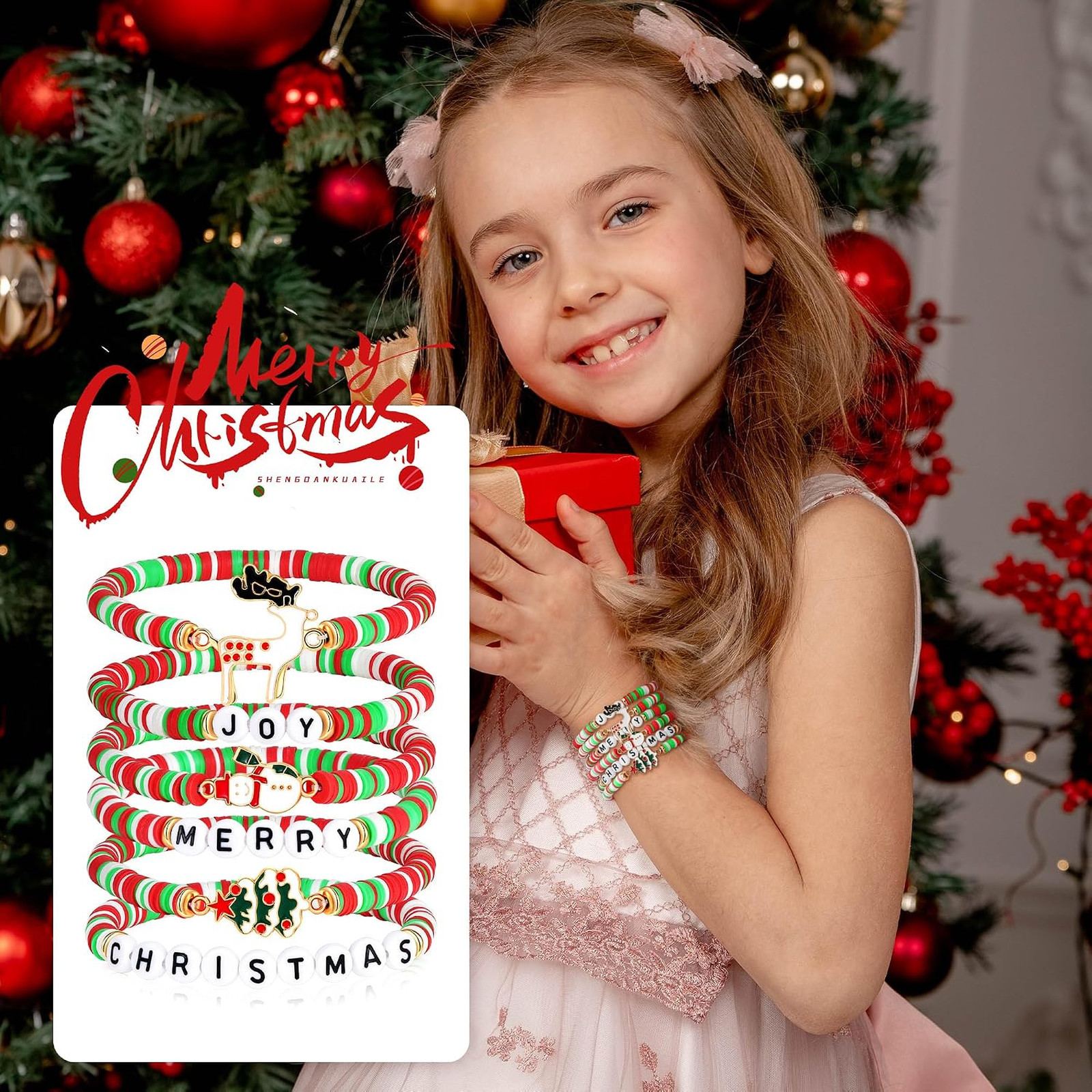 Christmas Bracelets Set, Beaded Holiday Jewelry, Joy Merry Christmas Charms