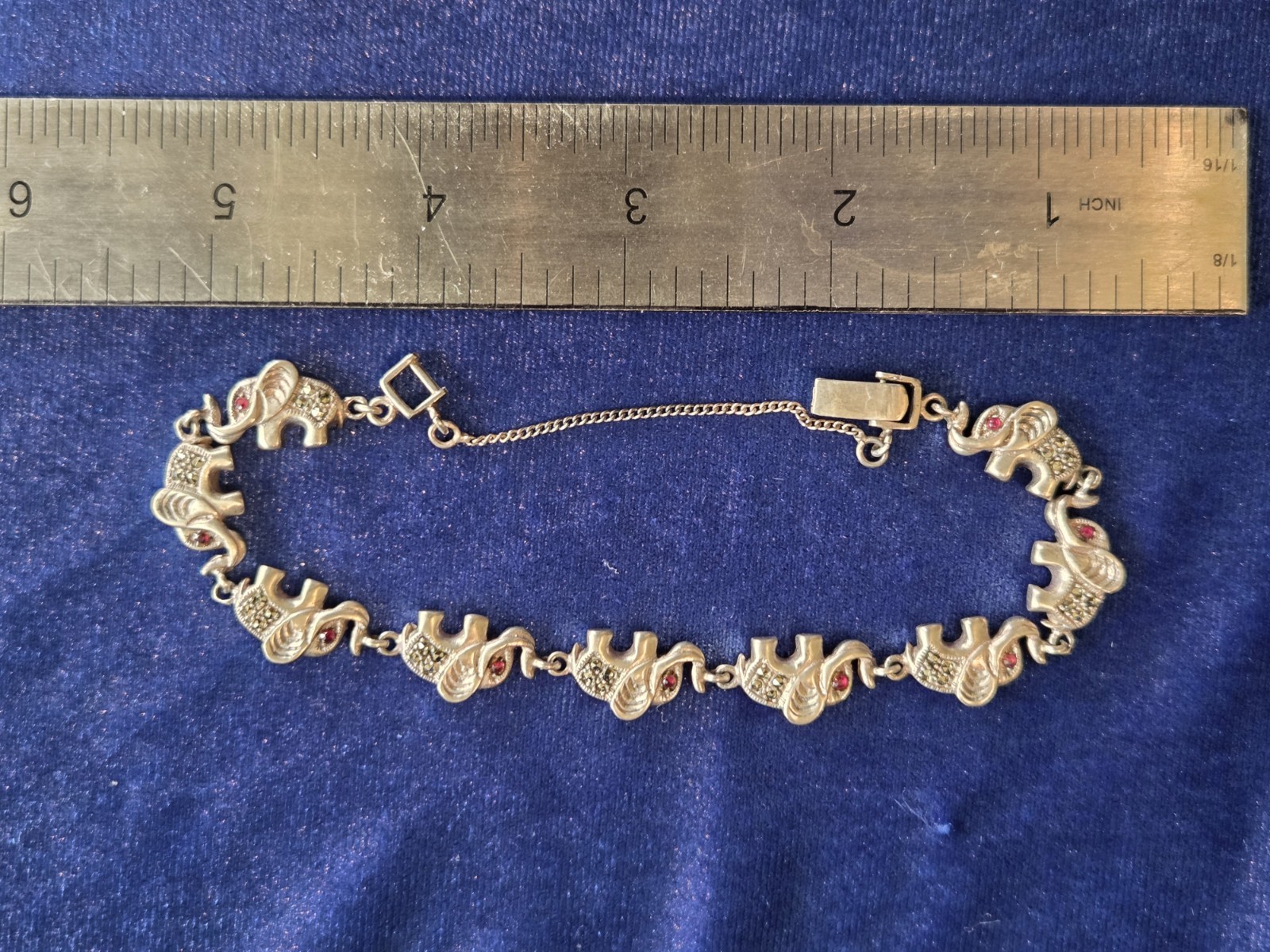 Elephant Bracelet Sterling .925 Red And Green Gemstones FoldOver Clasp W/ Chain