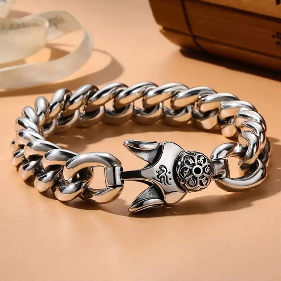 Solid 925 Sterling Silver Chain 14mm Mantra Curb Cuban Link Bracelet 114g/8.6in