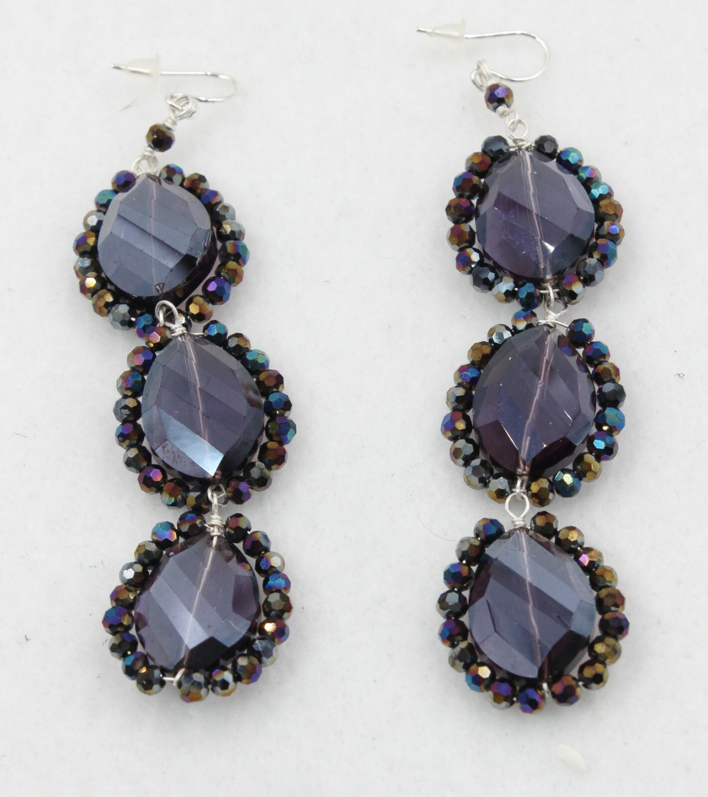 Nakamol Oval Iridescent Blue Purple Bead & Crystal Dangle Earrings 3″ New