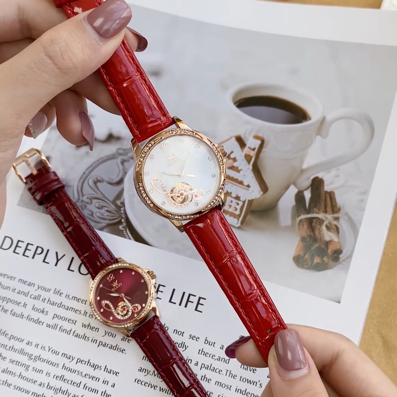 OLEVS 6656 Leather Ceramic Gear Superior Women Dress Mechanical Automatic Watch
