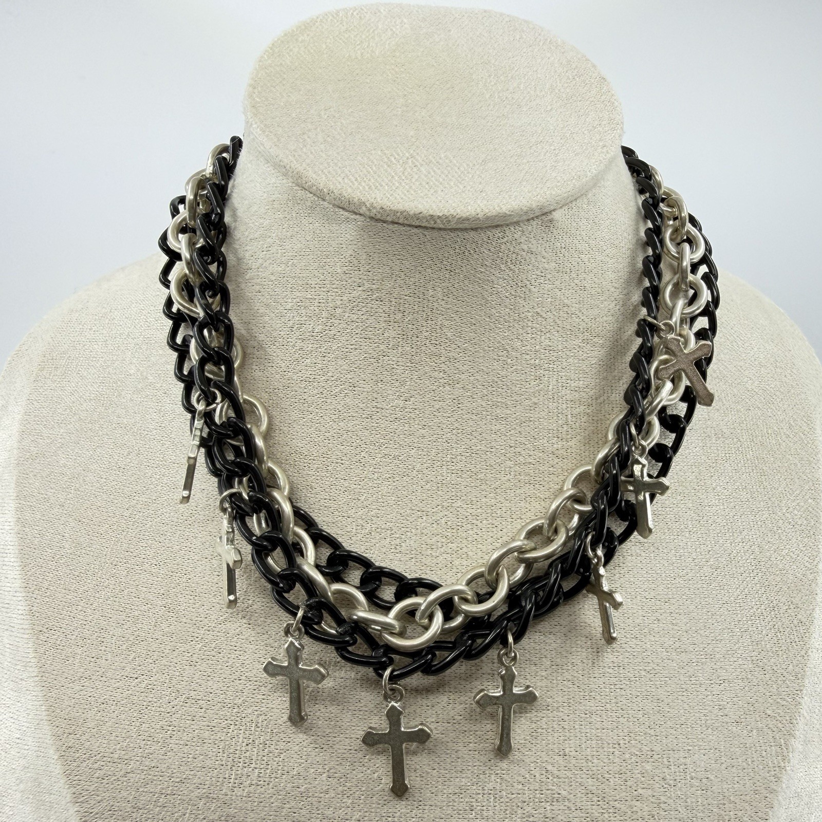 Layered Chainmail Cross Goth Choker Necklace Y2K 15” Black Silver Tone