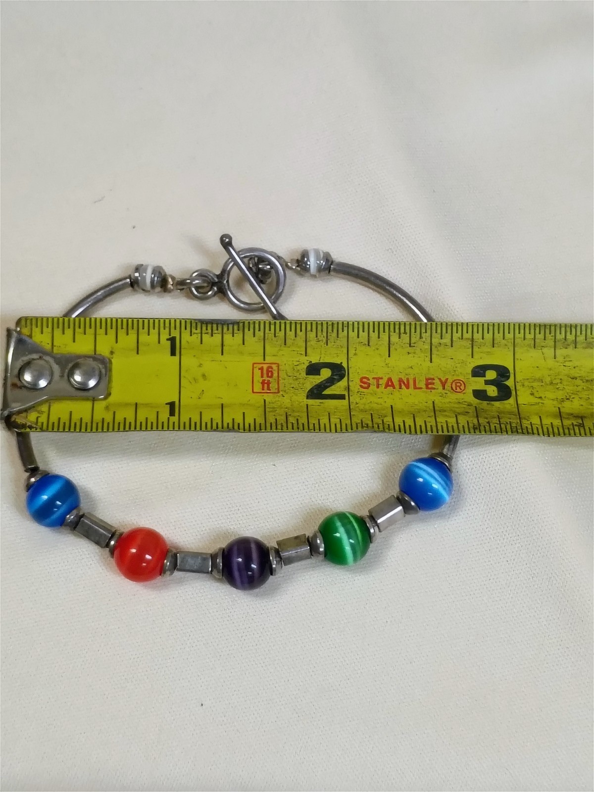 vintage Sterling silver Multicolor Glass Catseye Bead toggle clasp Bracelet