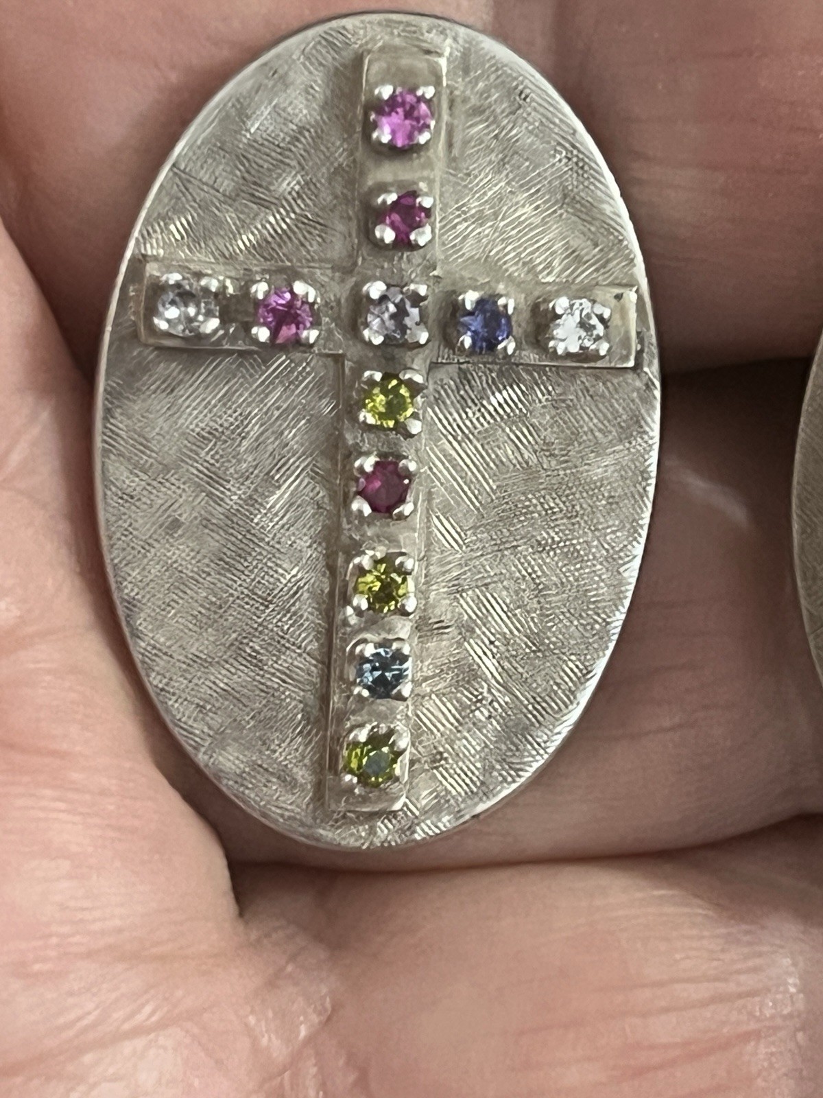 VINTAGE STERLING SILVER LARGE CUFFLINKS MULTI-STONE CROSSES DECORATION 36.3G