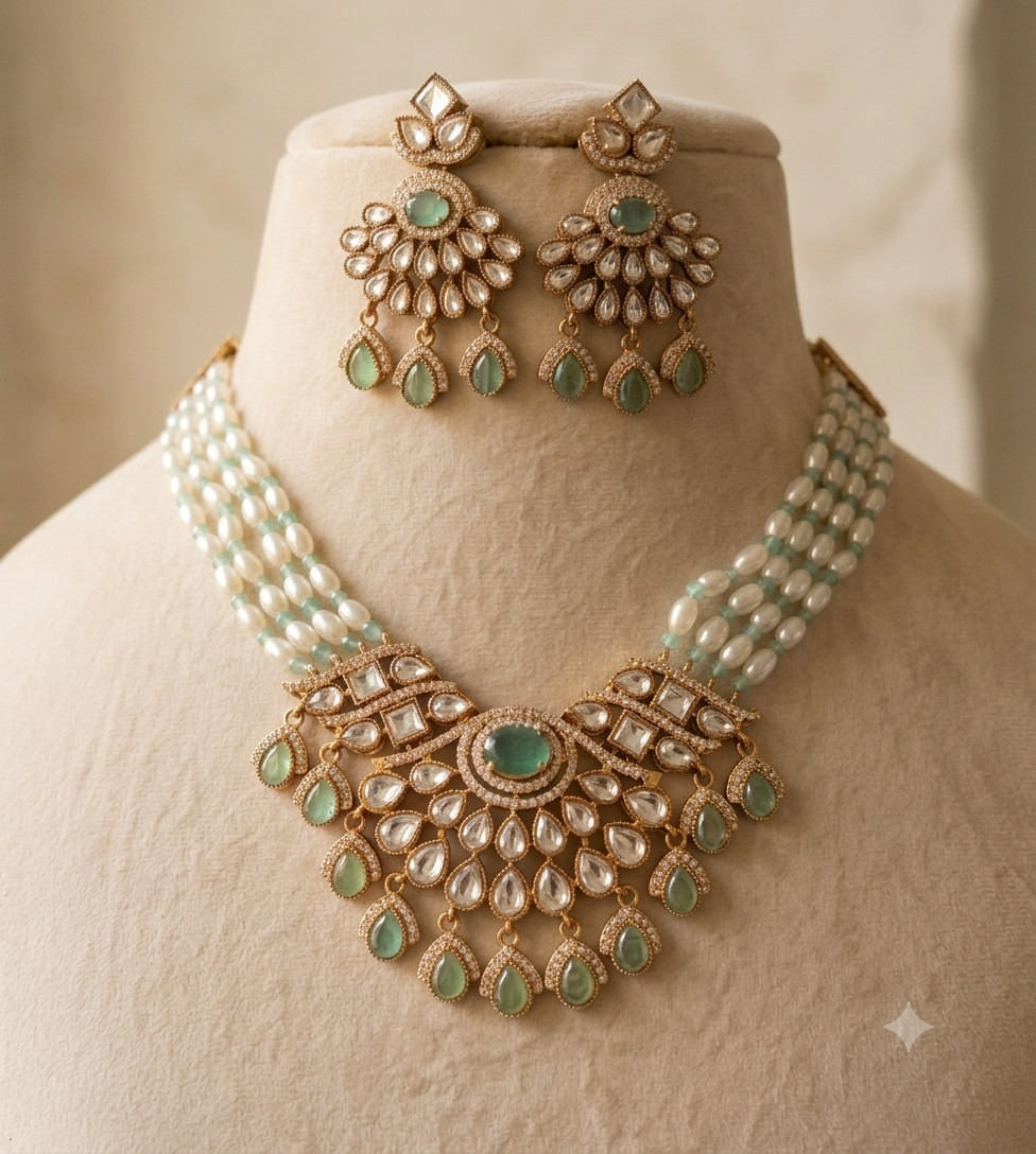 Ayat Mint Green Kundan Pearl Necklace Set with Earrings Roz Jewellers.