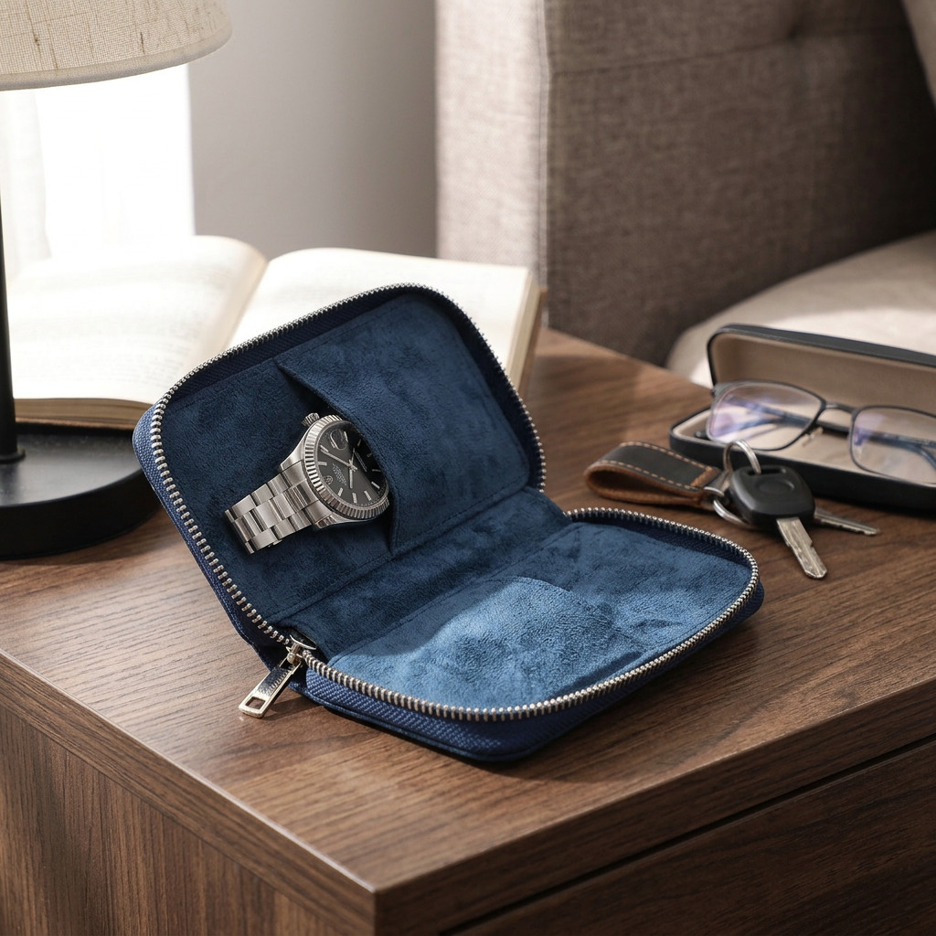 Saffiano Leather 2 Slot Watch Pouch Travel Case 5.9″ Suede Interior Zip