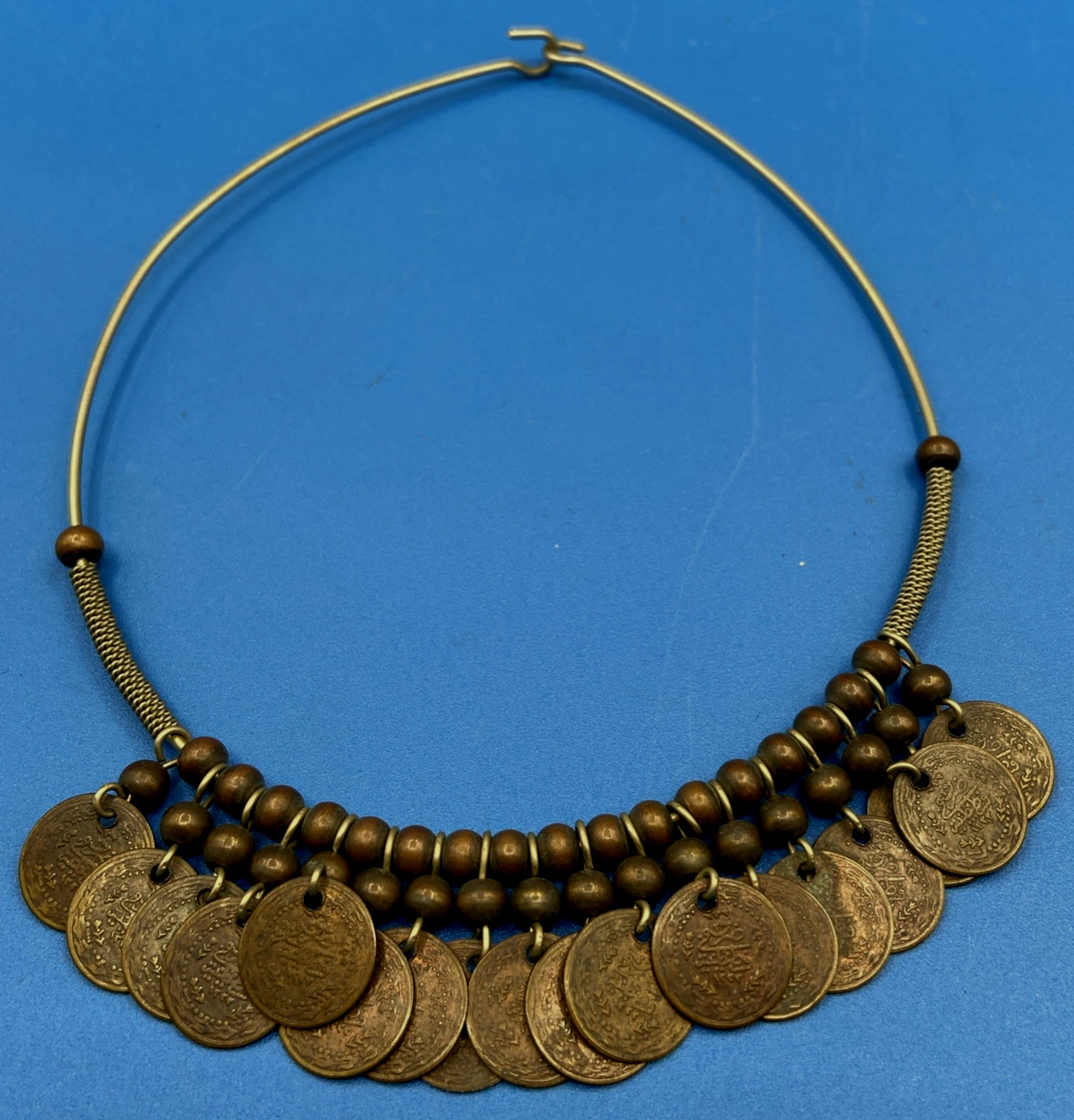 NECKLACE vintage 1960s 1970s old Coins tribal hoop metal wire ring Etruscan 16″