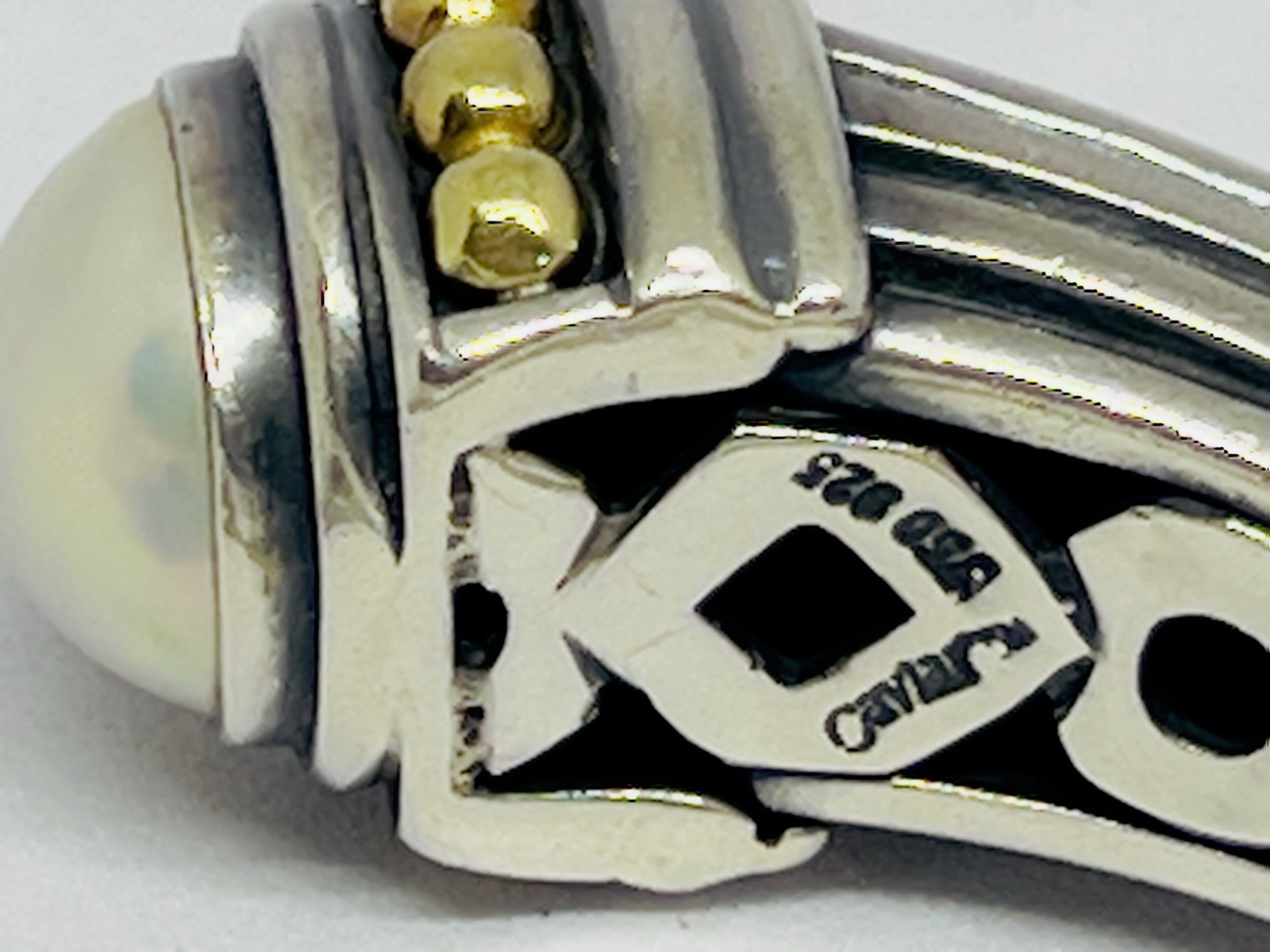 LAGOS Caviar Heavy 925/18k Yellow Gold Hinged Cuff Bracelet Mabe Pearls 64.7 g
