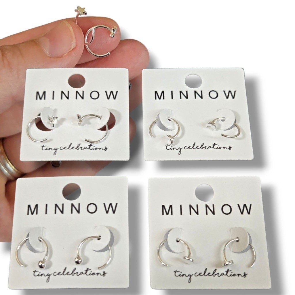 Open Huggie Hoop Earrings Threader Pull Through Ear hugger Silver plate 4 Pairs