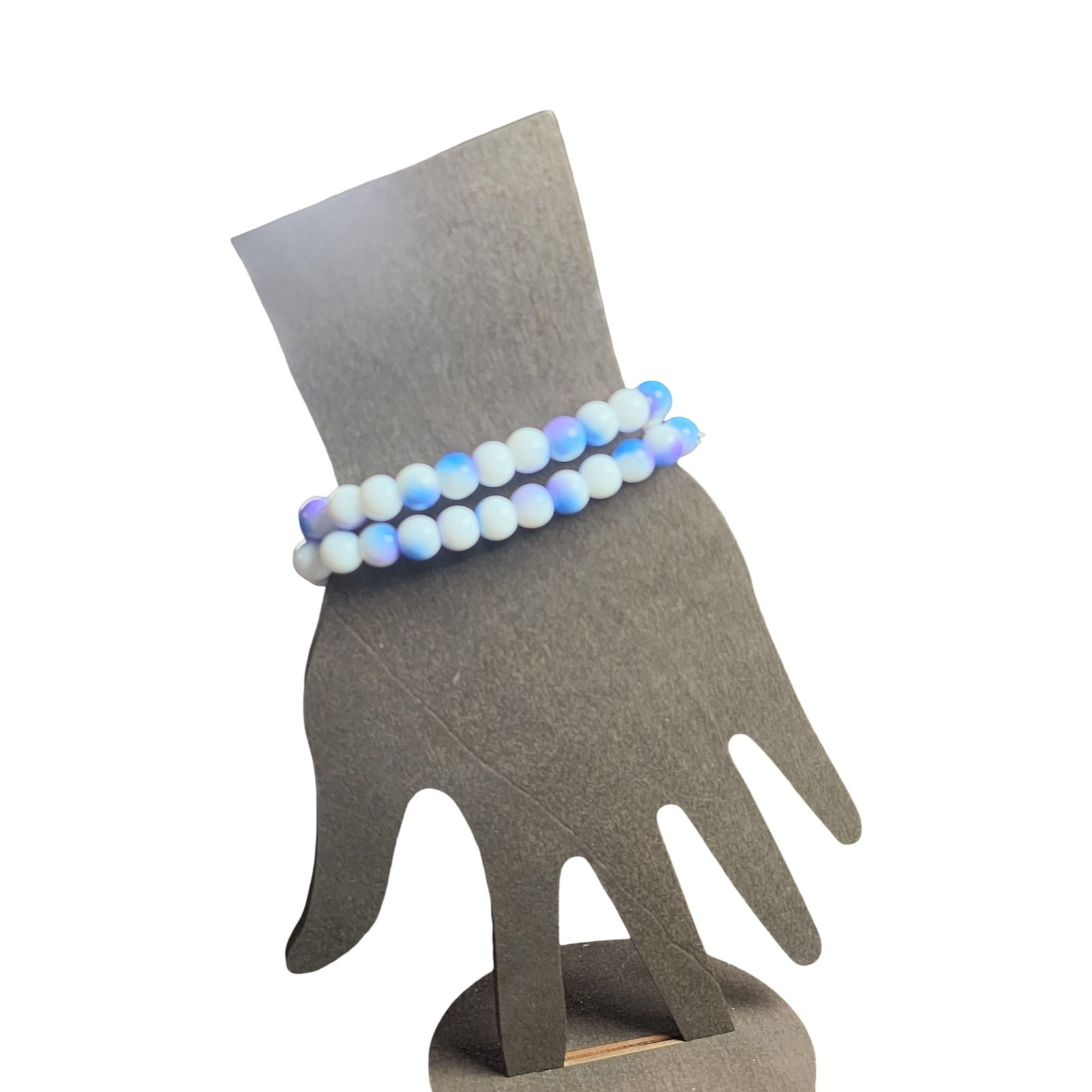 Iridescent Ombre Glass Beaded Stretch Bracelet — Blue, Violet & White