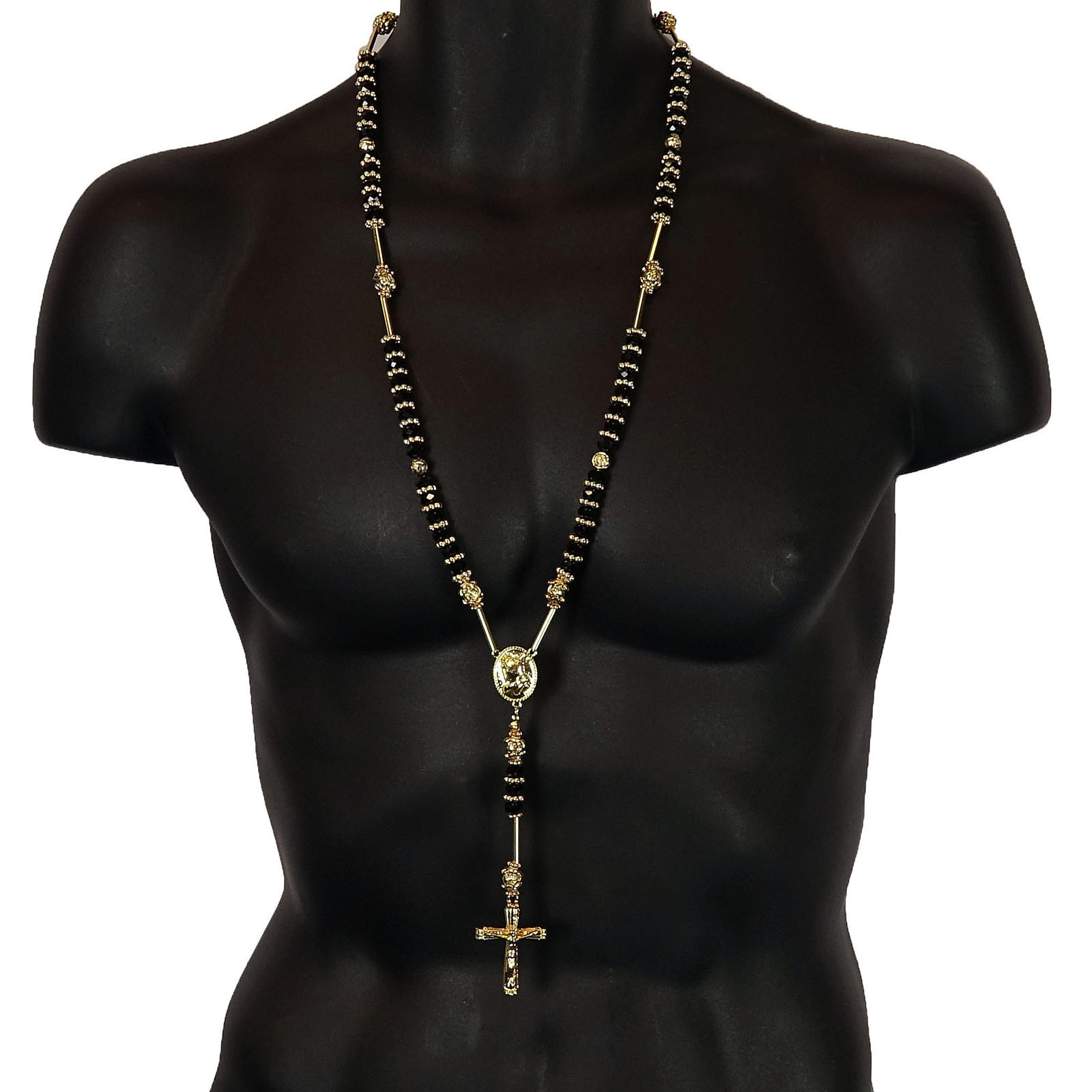 Mens Hip Hop 8mm BLACK Bead 14kt G.P Rosary Pray Hand & Jesus Cross Necklace GBK