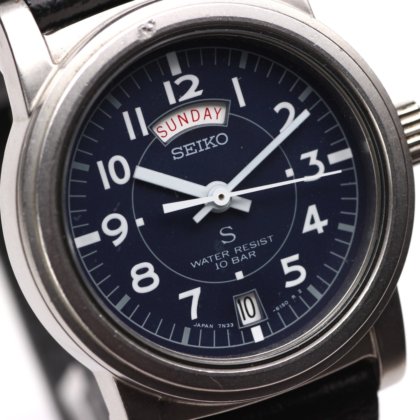 SEIKO SUS 7N33-6050 Men’s Watch Quartz Military Navy Dial 32mm 90s Vintage Japan