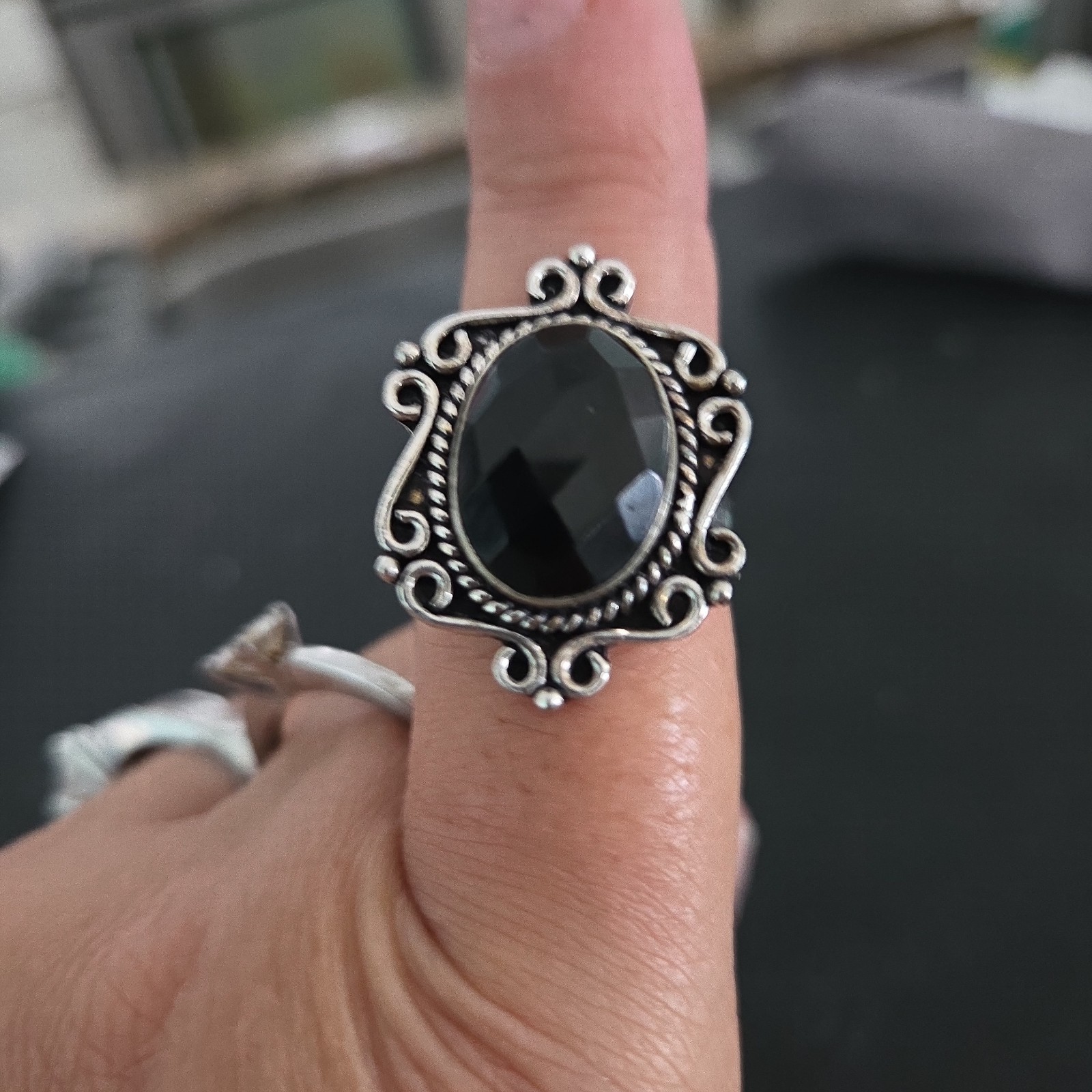 Black Cut Stone 925 stamp Silver Size 8 Ethnic style