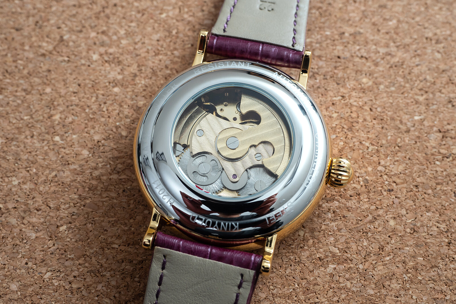 Mens Gold Dual Time Flywheel Automatic Mechanical Watch Black Purple Leather
