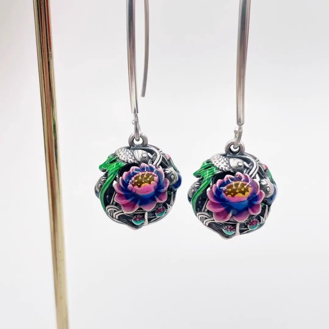 New Cloisonne Enamel Lotus Koi Fish Earrings Ethnic Handmade Dangle