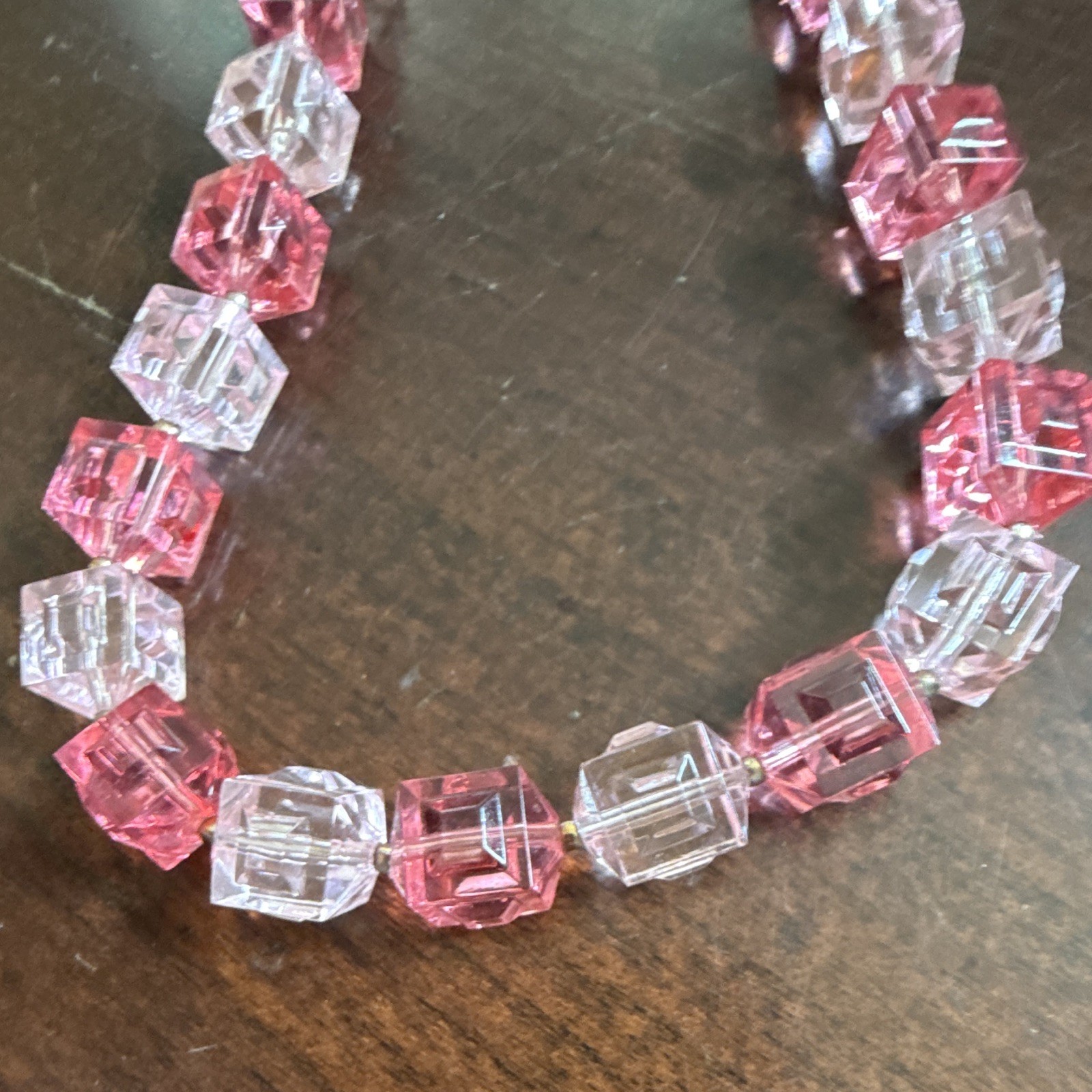 Pink & Clear Glass Cube Beaded Necklace Ball/Bead Chain Push Lock Clasp