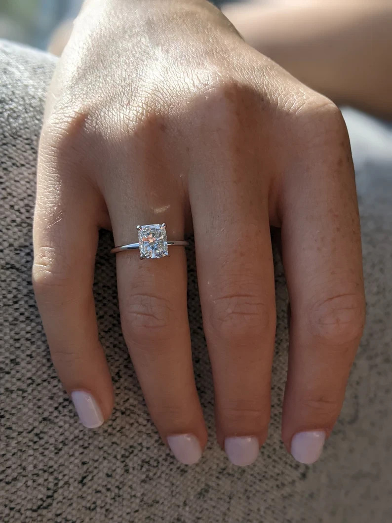 Birthday Solitaire Natural Diamond Ring 14K White Gold 1.50Ct Cushion Cut UGL