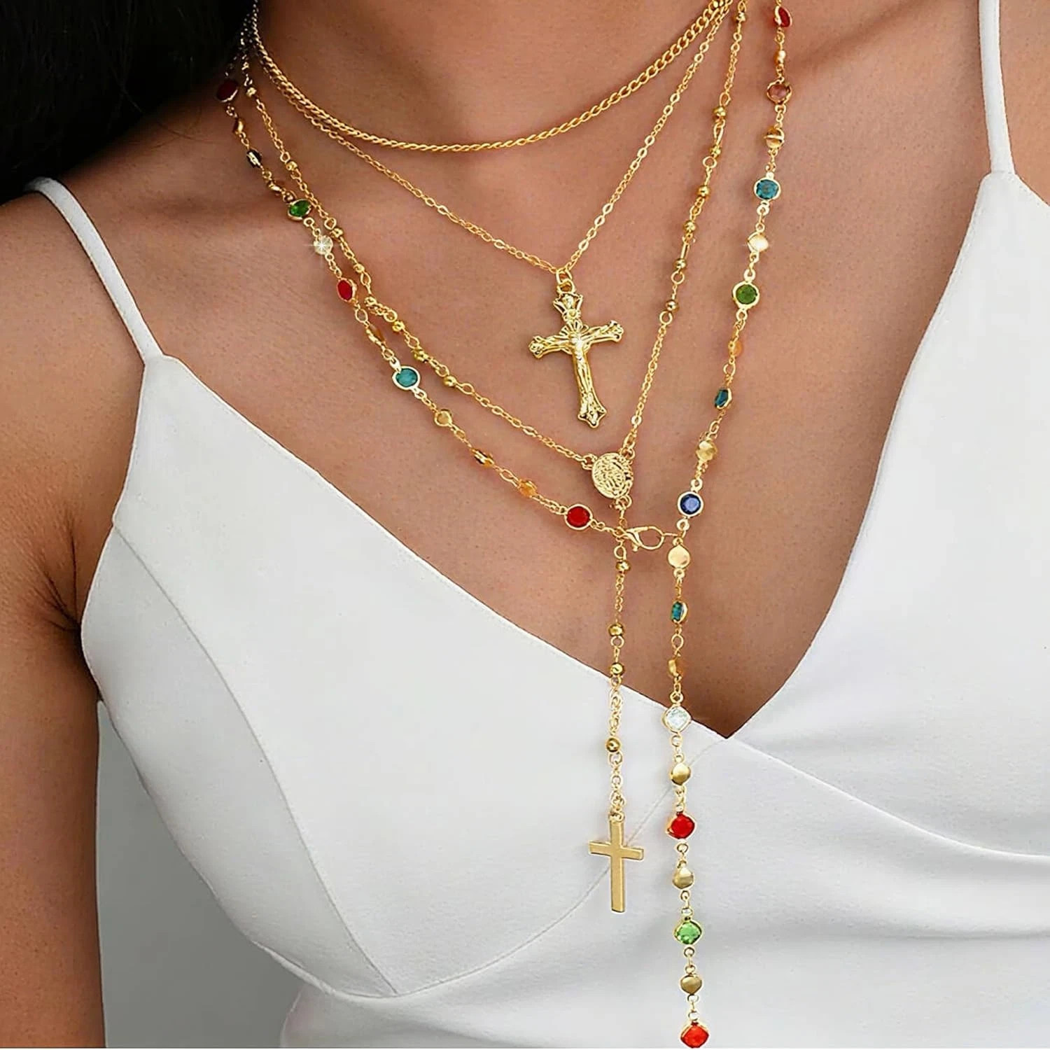 4PCS Layered Gold Cross Necklaces for Women Trendy, Bohemian Bead Pearl Y Long P